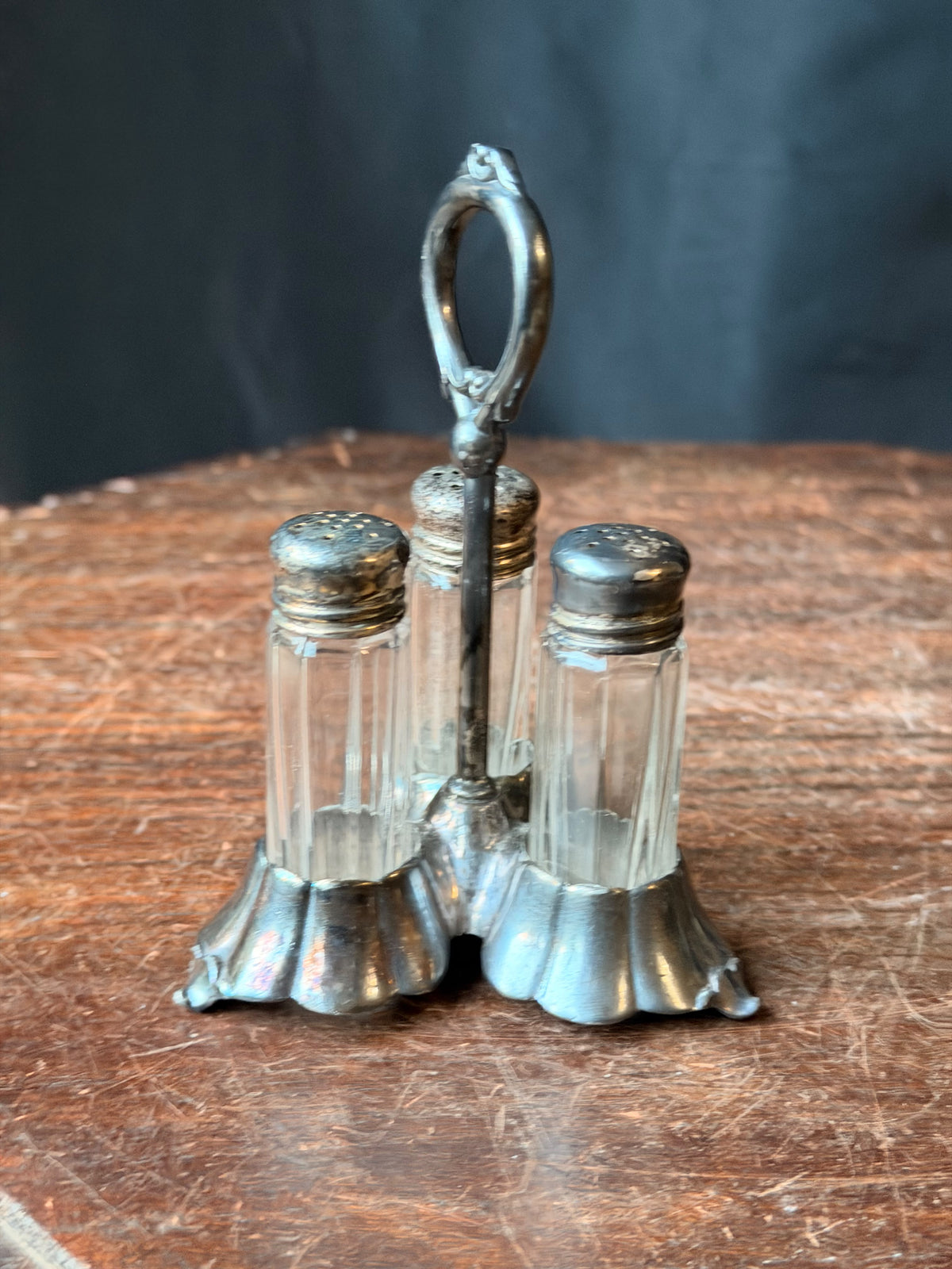Antique Homan Mfg Co Silverplate 3 Glass Shaker Caster Set with Ring Handle 5"
