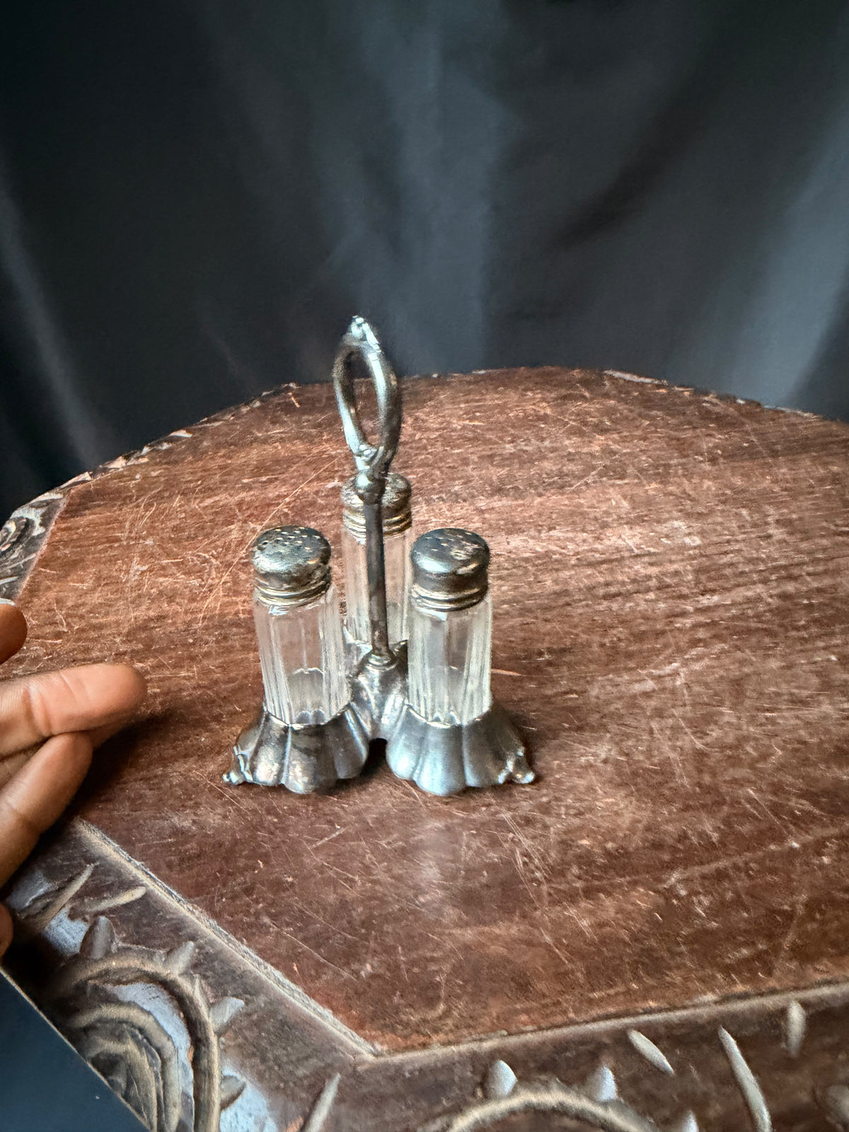Antique Homan Mfg Co Silverplate 3 Glass Shaker Caster Set with Ring Handle 5"