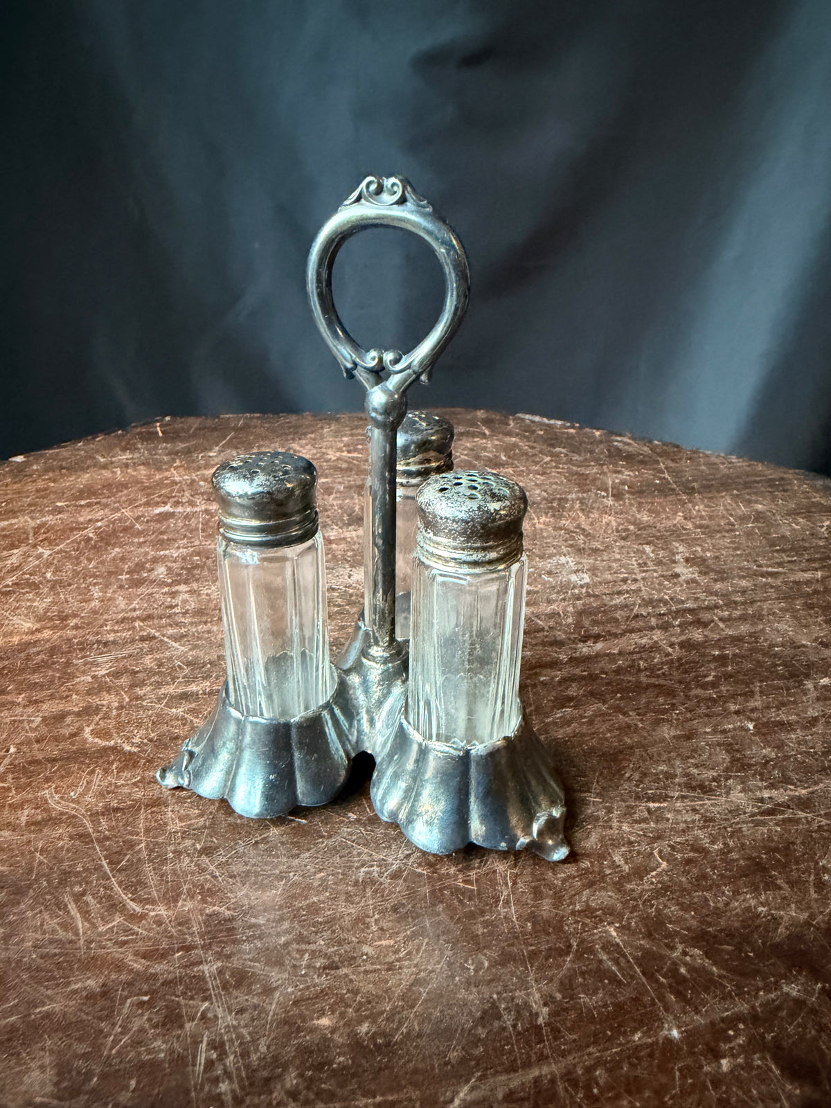 Antique Homan Mfg Co Silverplate 3 Glass Shaker Caster Set with Ring Handle 5"