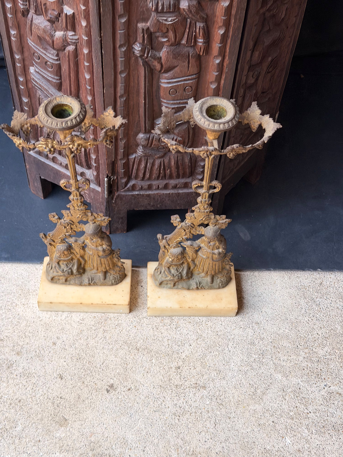 Antique Victorian Pair Gilt Figural Girandole Candlesticks Children Marble 14"