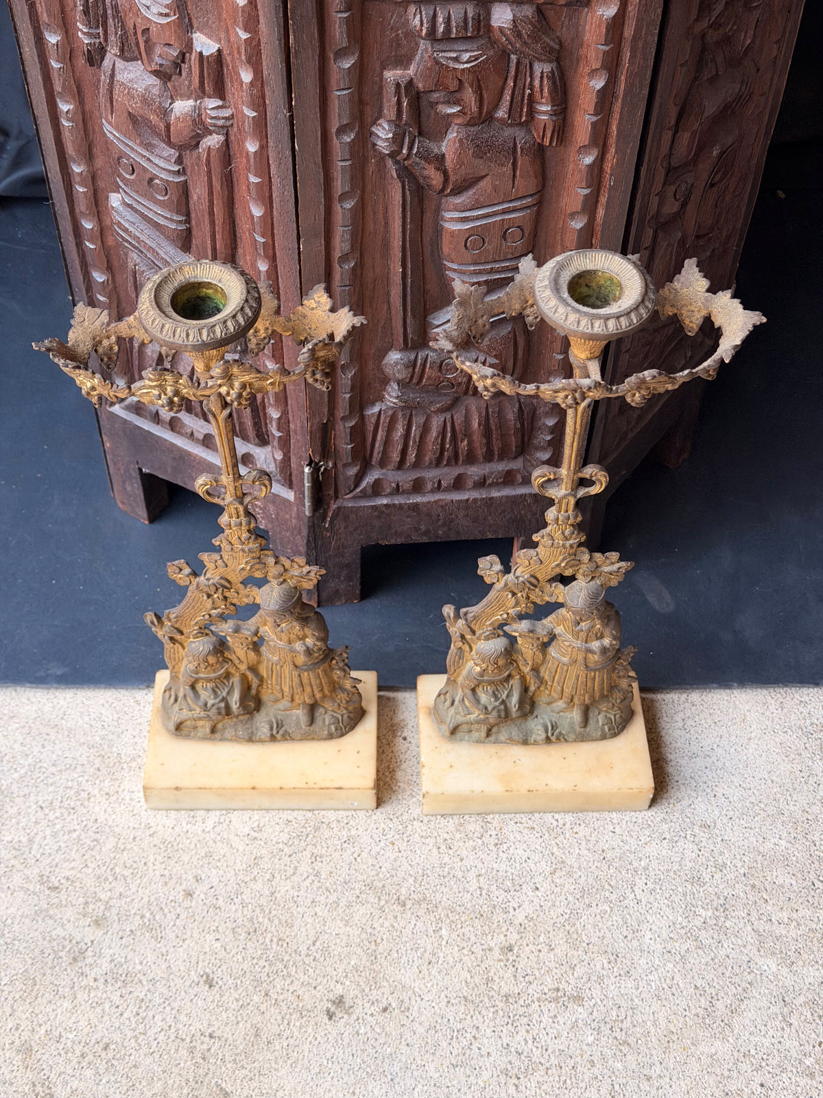 Antique Victorian Pair Gilt Figural Girandole Candlesticks Children Marble 14"