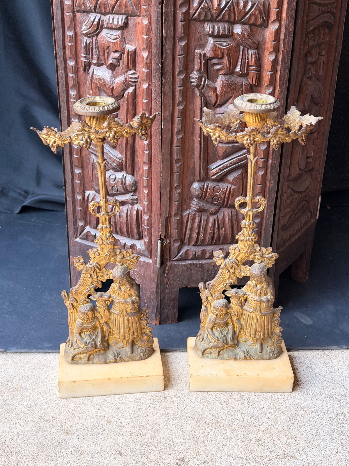 Antique Victorian Pair Gilt Figural Girandole Candlesticks Children Marble 14"