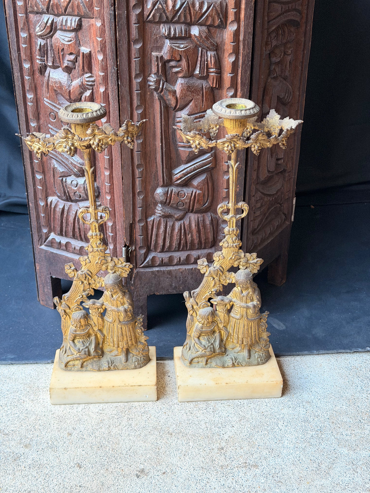 Antique Victorian Pair Gilt Figural Girandole Candlesticks Children Marble 14"