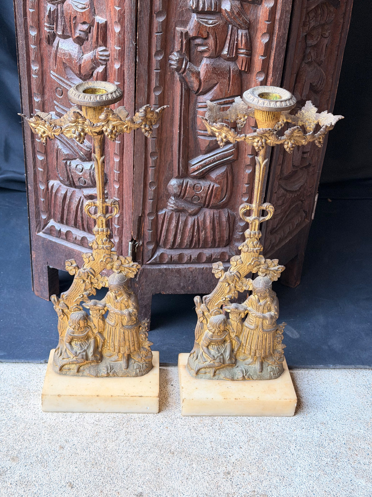 Antique Victorian Pair Gilt Figural Girandole Candlesticks Children Marble 14"