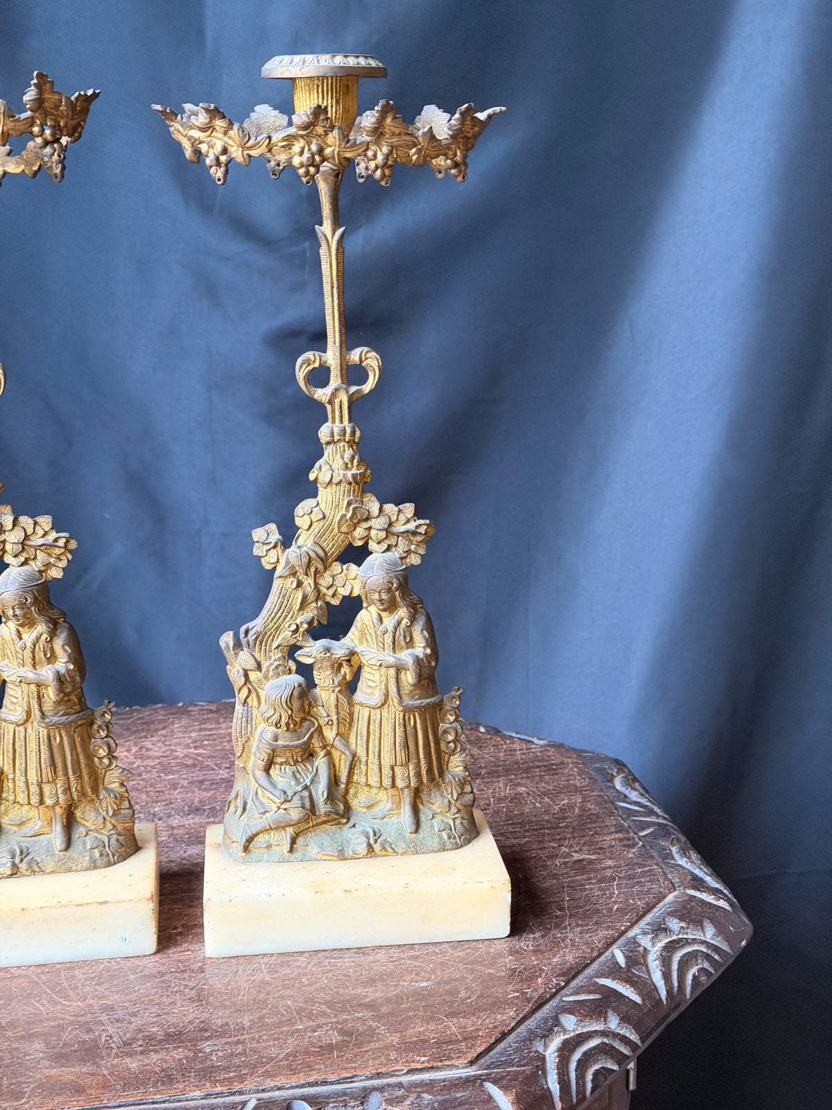 Antique Victorian Pair Gilt Figural Girandole Candlesticks Children Marble 14"