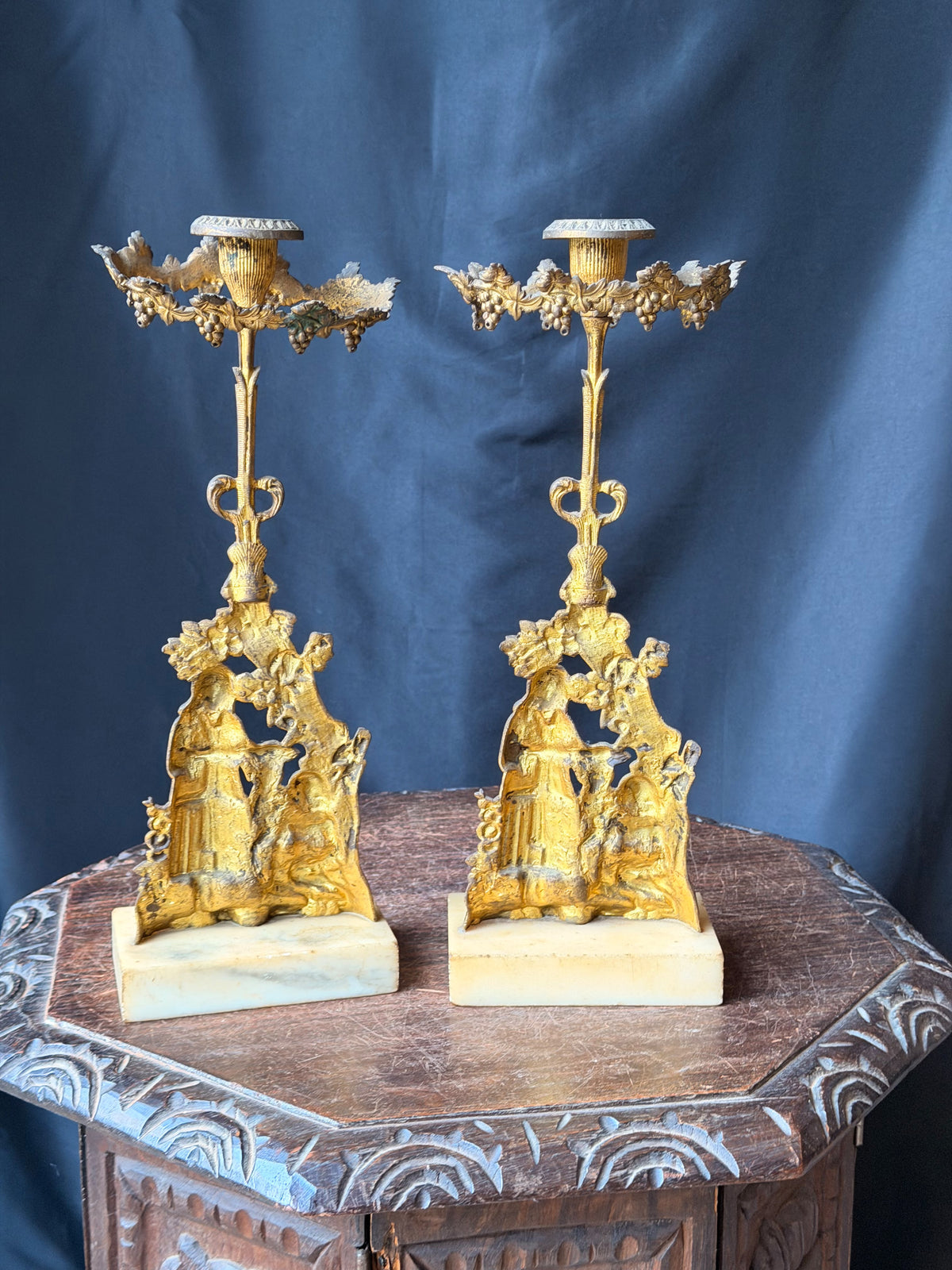 Antique Victorian Pair Gilt Figural Girandole Candlesticks Children Marble 14"