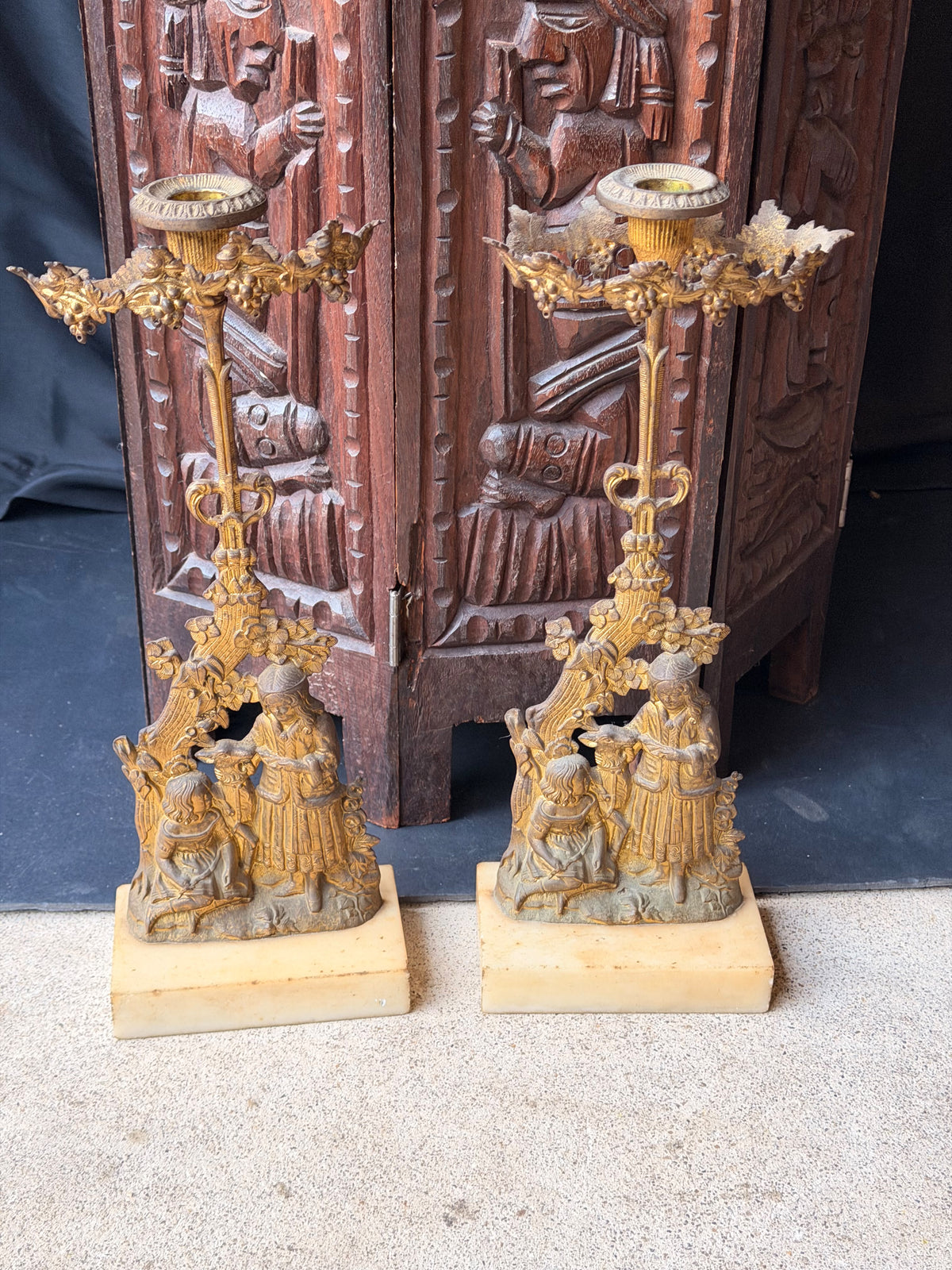 Antique Victorian Pair Gilt Figural Girandole Candlesticks Children Marble 14"