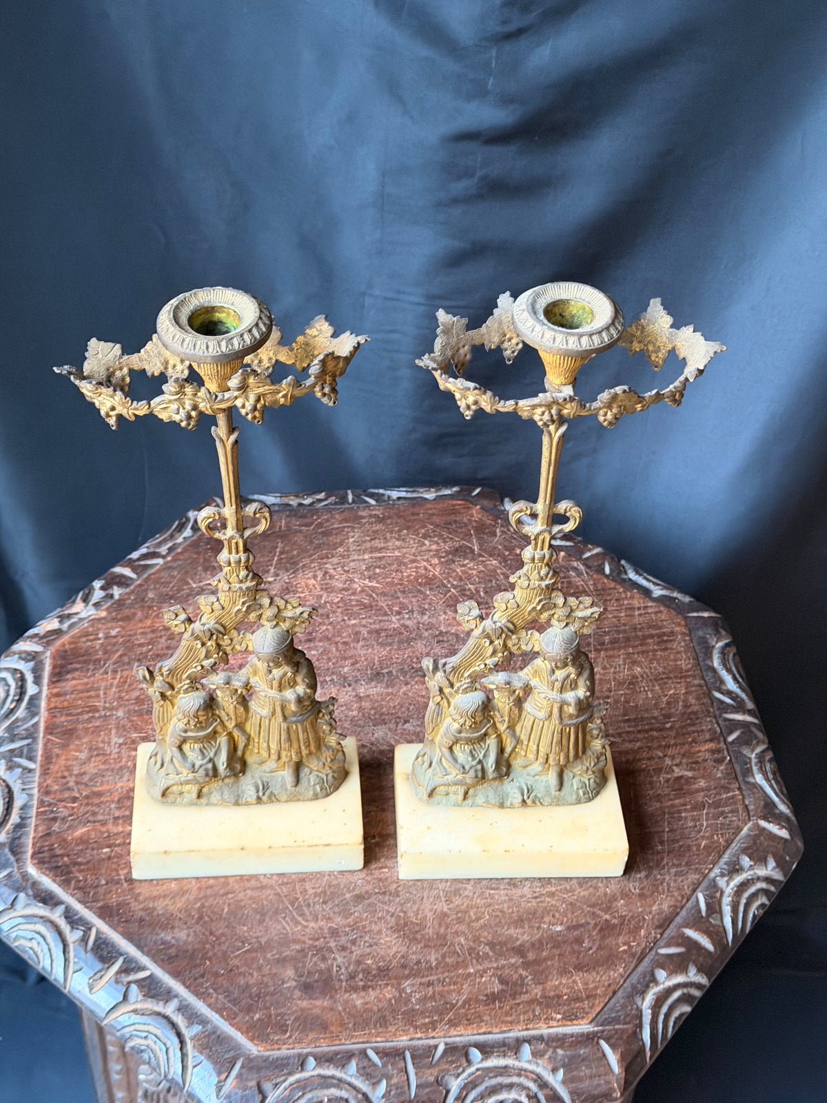 Antique Victorian Pair Gilt Figural Girandole Candlesticks Children Marble 14"