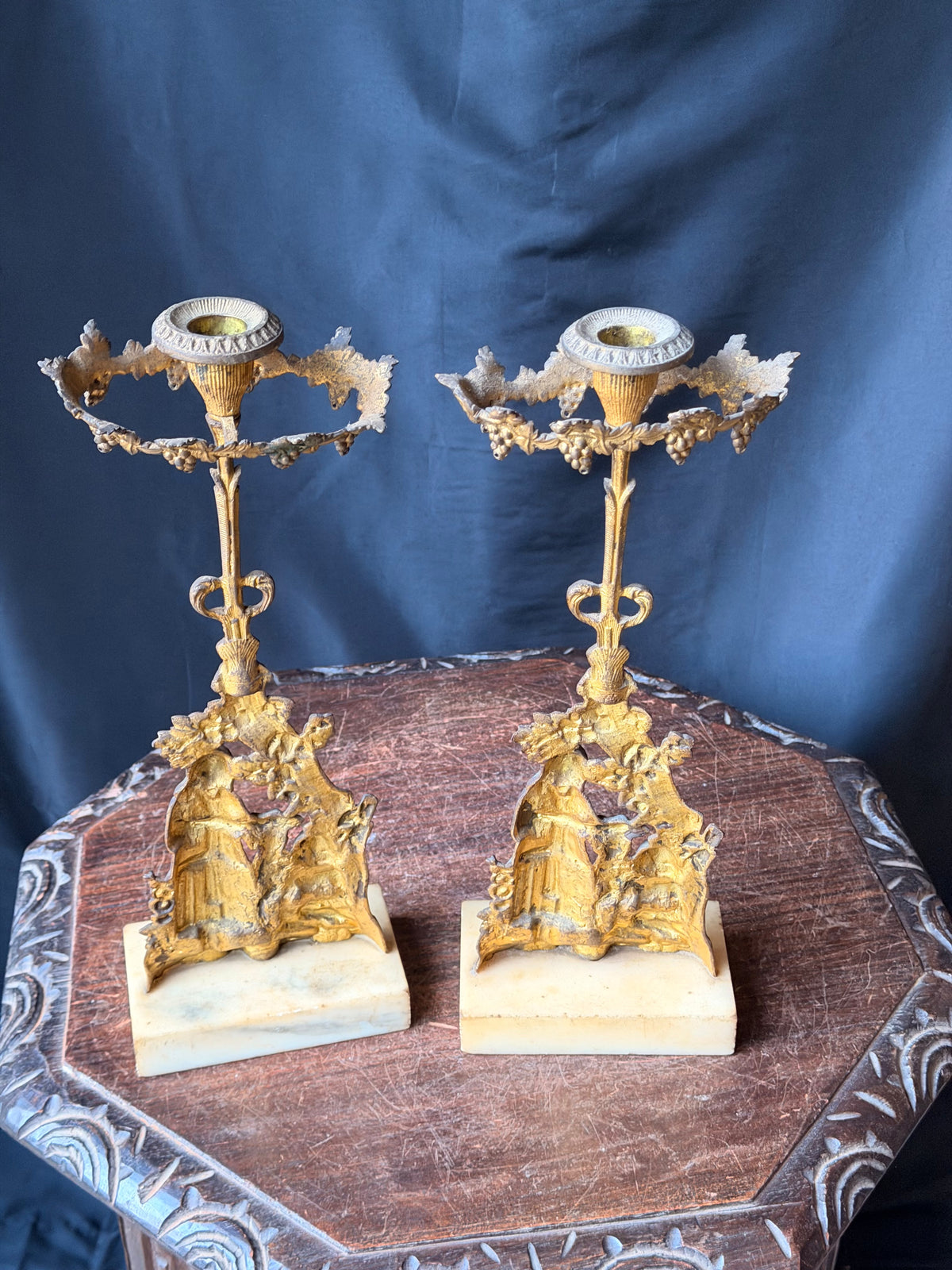 Antique Victorian Pair Gilt Figural Girandole Candlesticks Children Marble 14"
