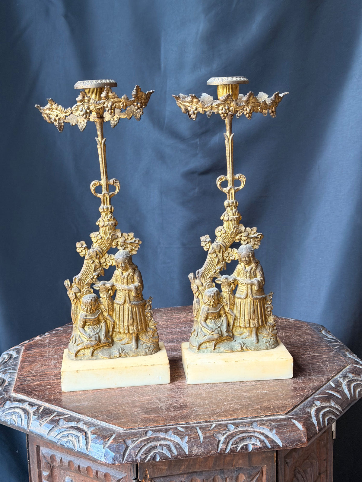 Antique Victorian Pair Gilt Figural Girandole Candlesticks Children Marble 14"