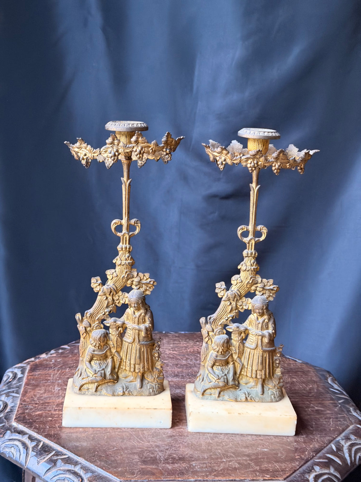 Antique Victorian Pair Gilt Figural Girandole Candlesticks Children Marble 14"