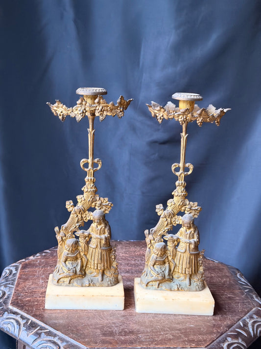 Antique Victorian Pair Gilt Figural Girandole Candlesticks Children Marble 14"