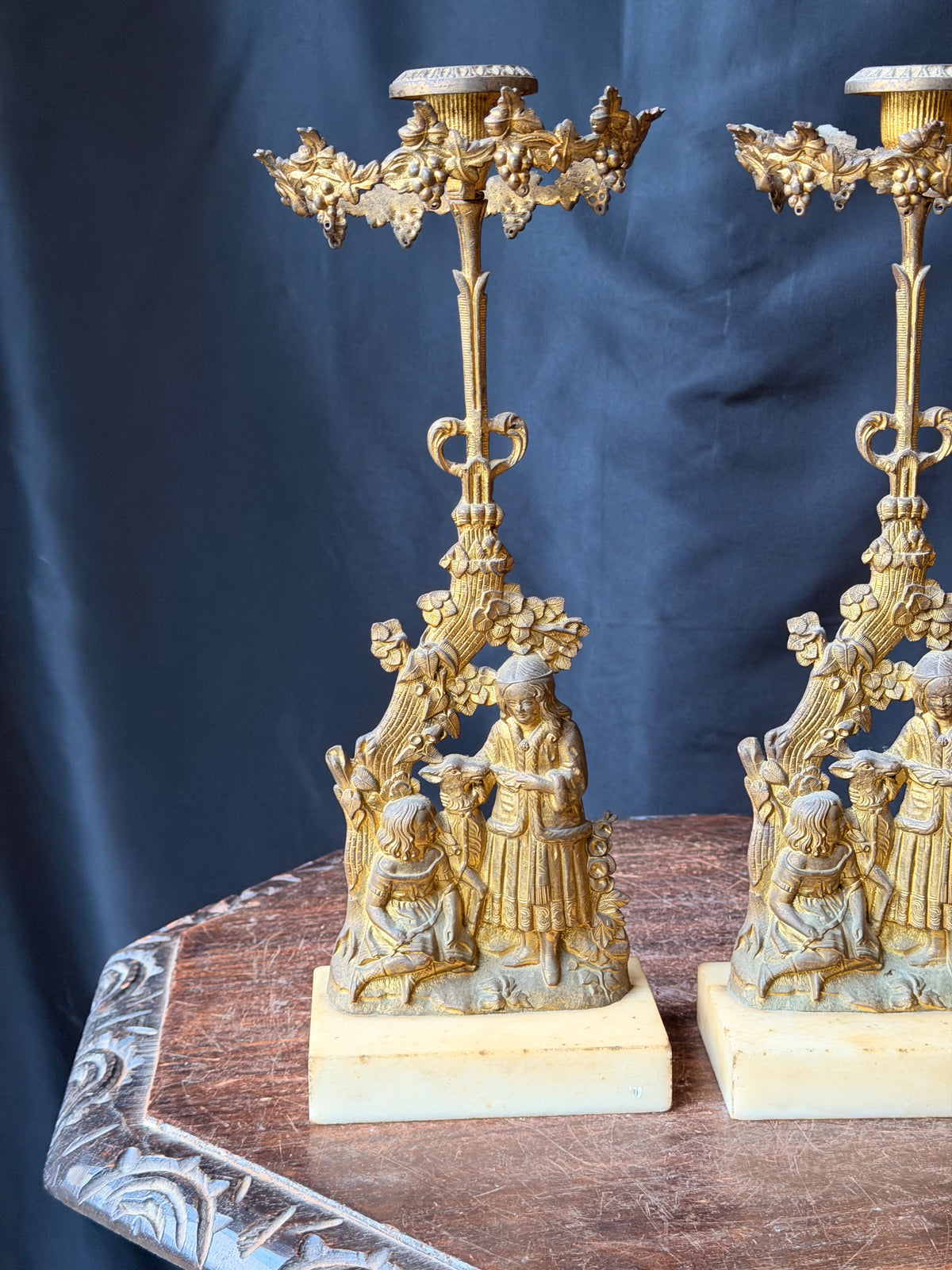 Antique Victorian Pair Gilt Figural Girandole Candlesticks Children Marble 14"