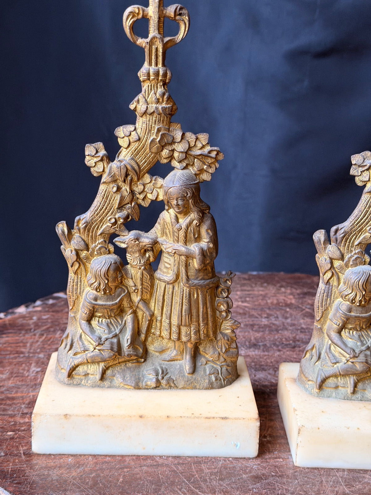 Antique Victorian Pair Gilt Figural Girandole Candlesticks Children Marble 14"