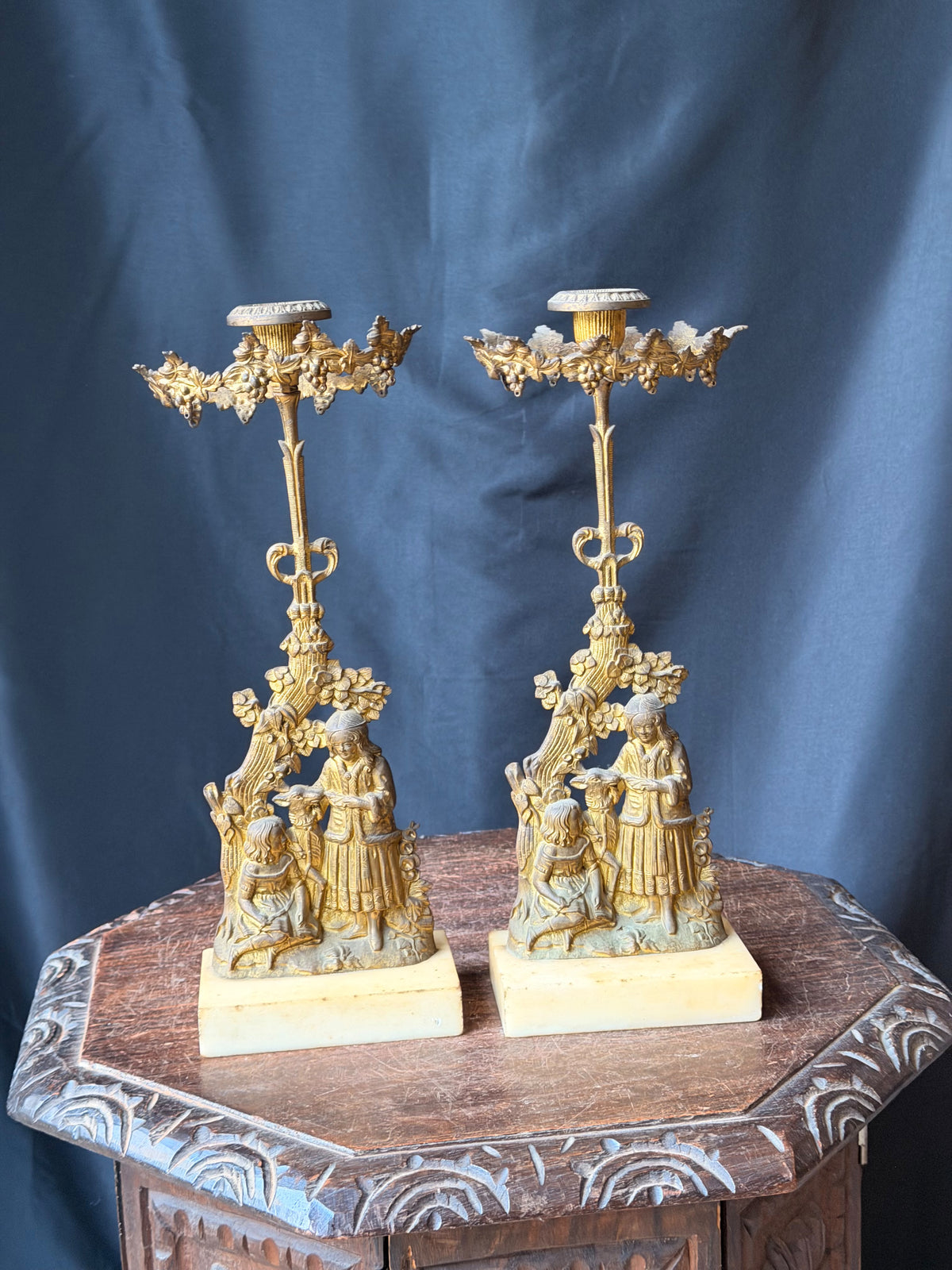Antique Victorian Pair Gilt Figural Girandole Candlesticks Children Marble 14"