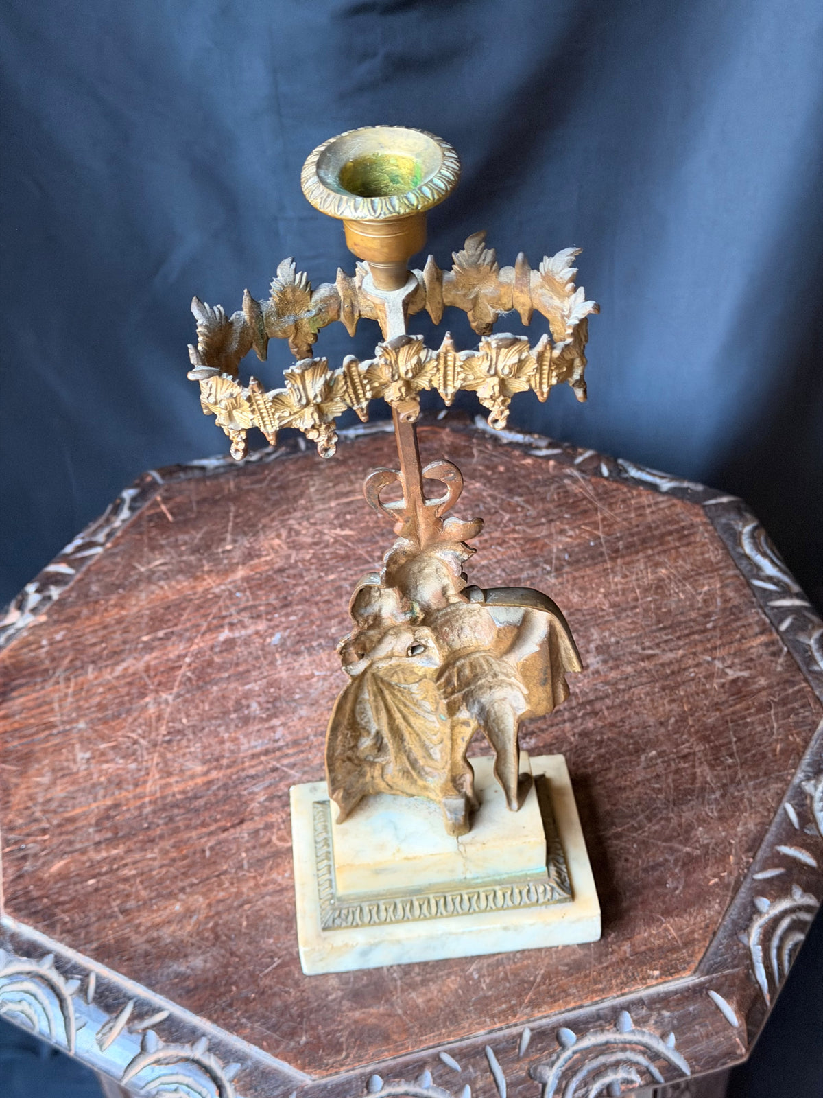 Antique Victorian Gilt Figural Girandole Candlestick Courting Couple Marble 15"