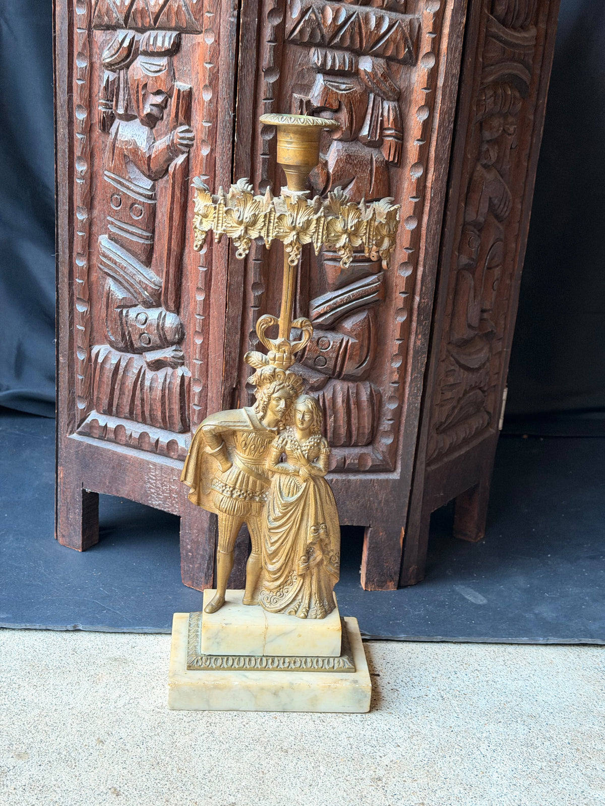 Antique Victorian Gilt Figural Girandole Candlestick Courting Couple Marble 15"