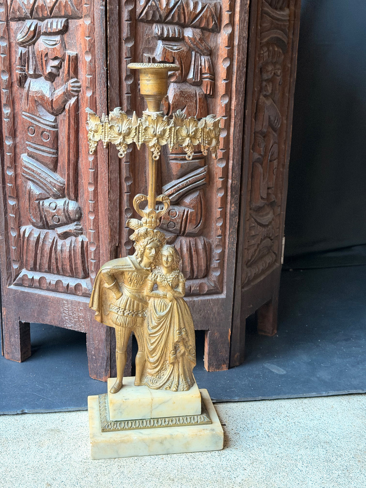 Antique Victorian Gilt Figural Girandole Candlestick Courting Couple Marble 15"