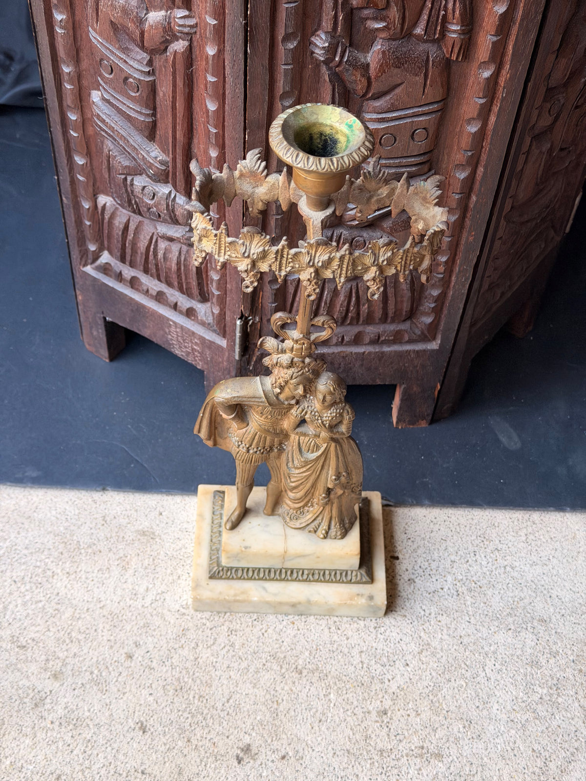 Antique Victorian Gilt Figural Girandole Candlestick Courting Couple Marble 15"