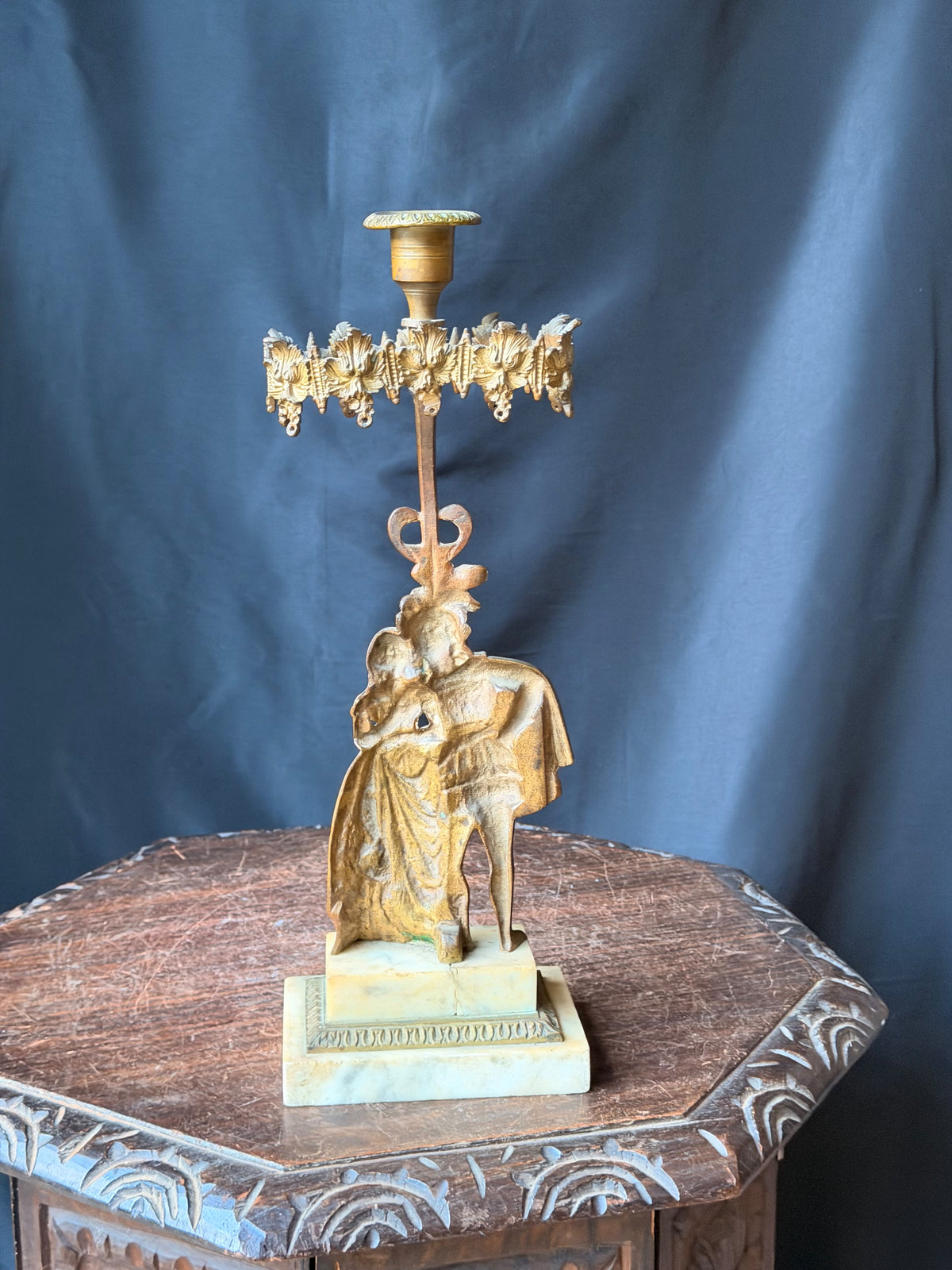 Antique Victorian Gilt Figural Girandole Candlestick Courting Couple Marble 15"