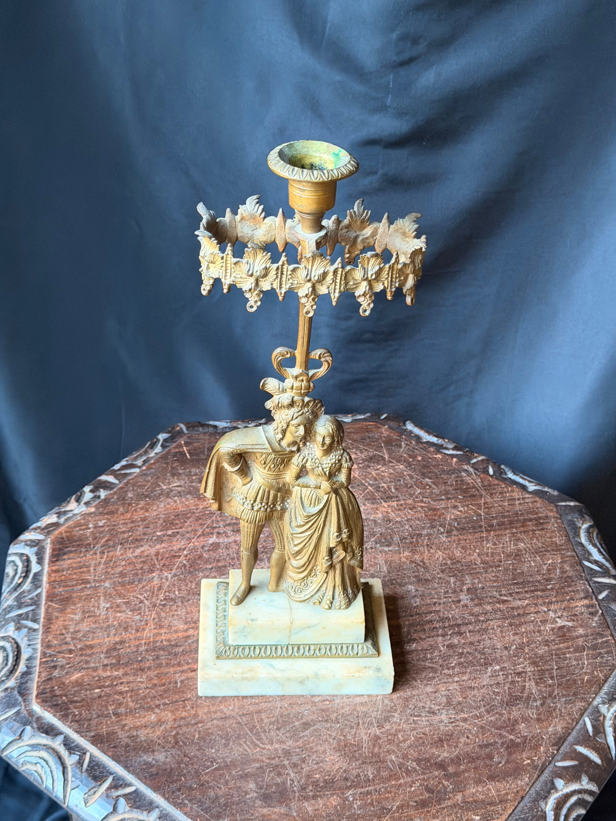 Antique Victorian Gilt Figural Girandole Candlestick Courting Couple Marble 15"