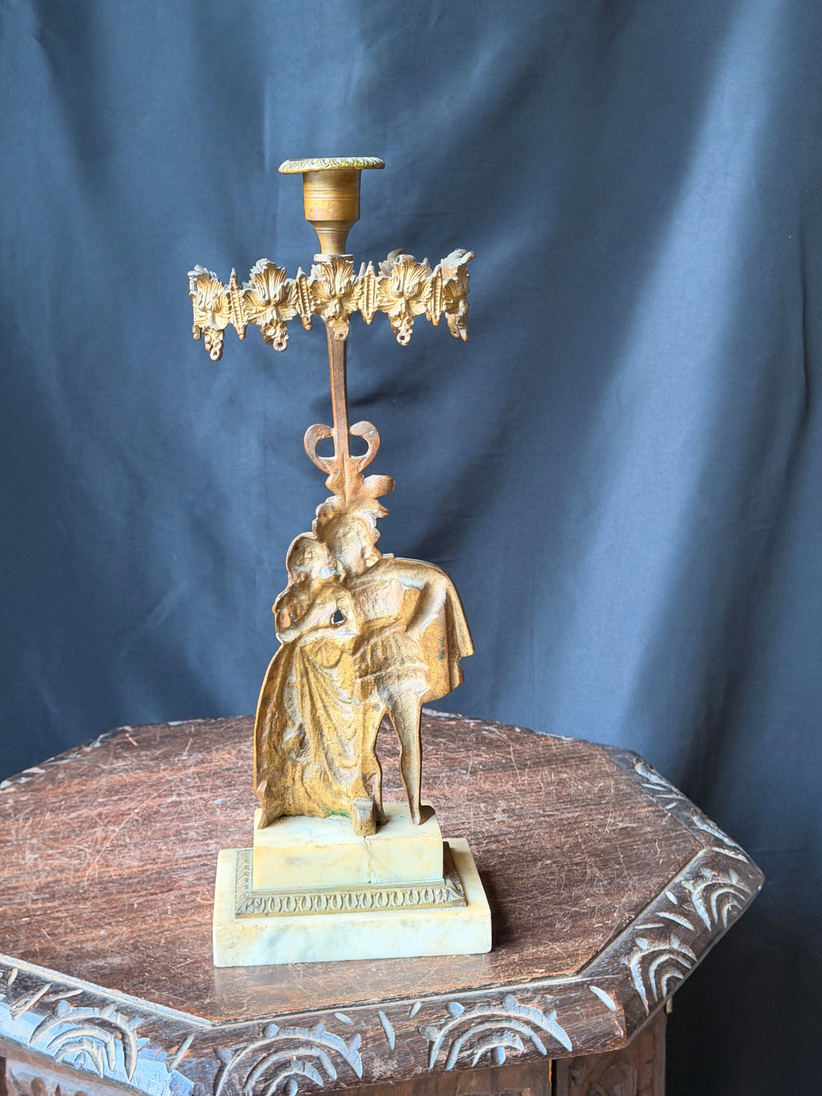 Antique Victorian Gilt Figural Girandole Candlestick Courting Couple Marble 15"