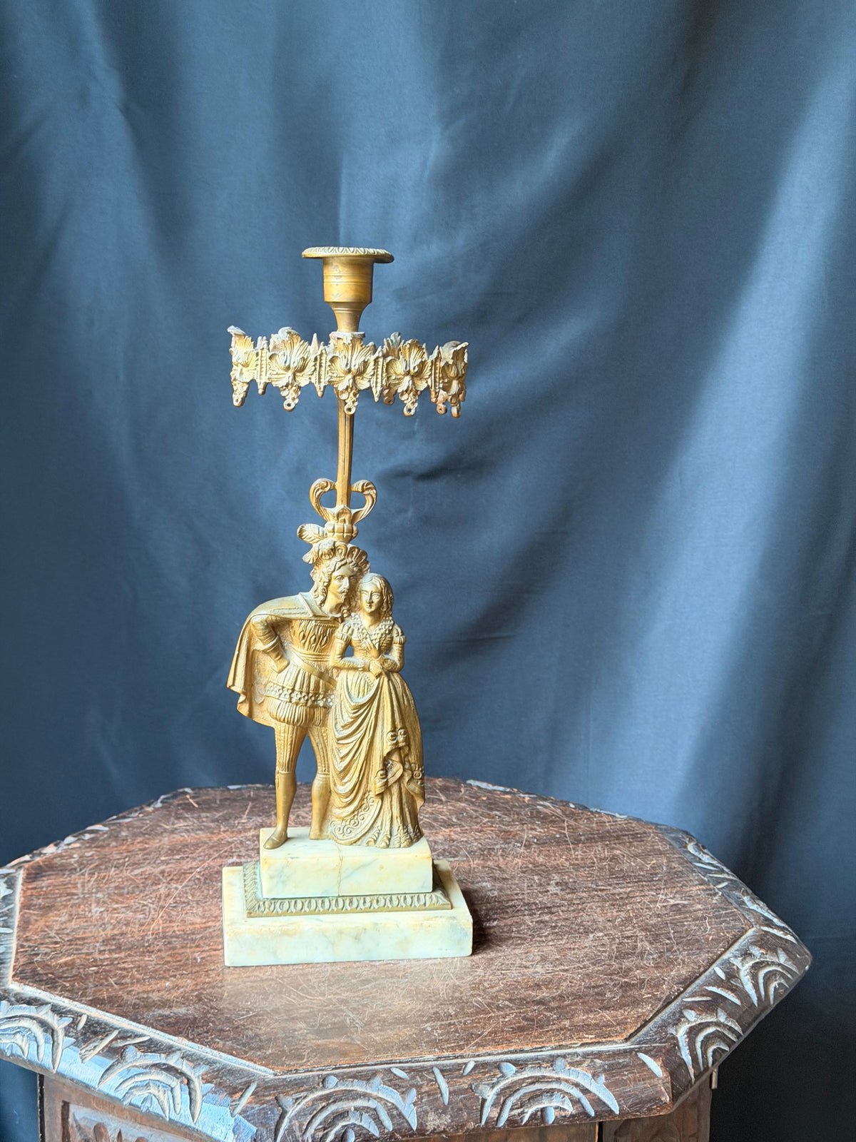 Antique Victorian Gilt Figural Girandole Candlestick Courting Couple Marble 15"