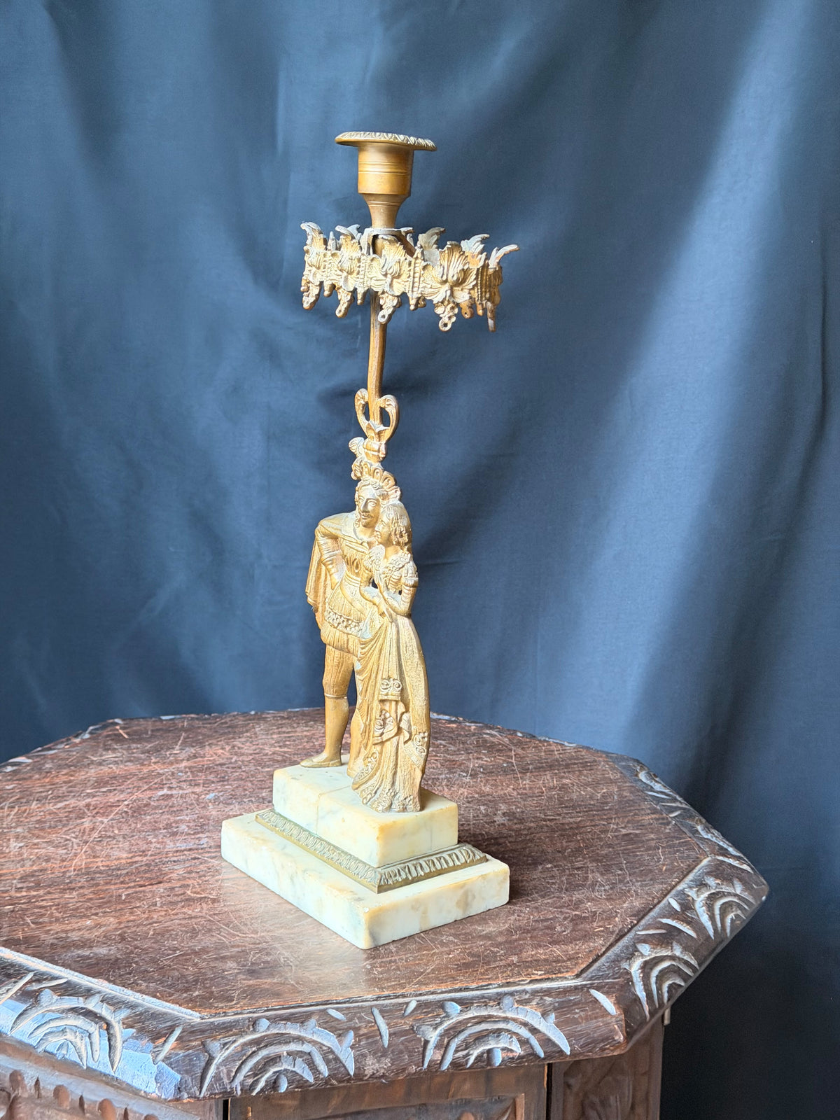 Antique Victorian Gilt Figural Girandole Candlestick Courting Couple Marble 15"
