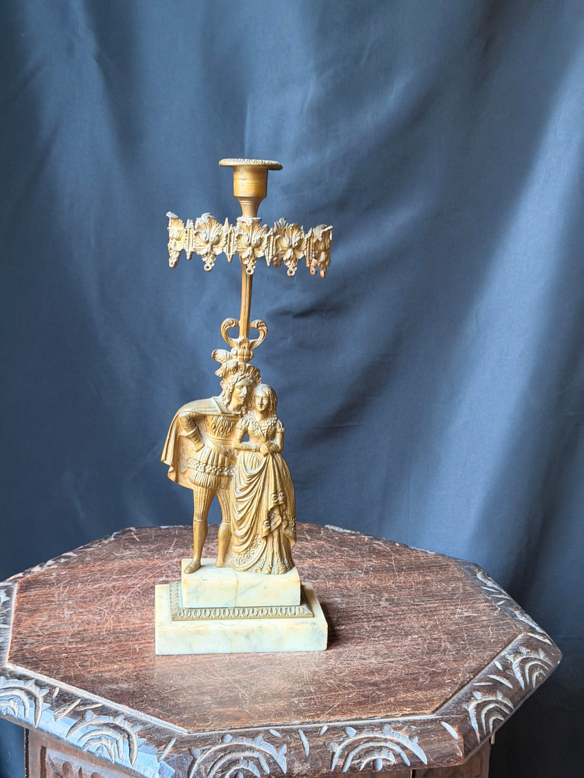 Antique Victorian Gilt Figural Girandole Candlestick Courting Couple Marble 15"