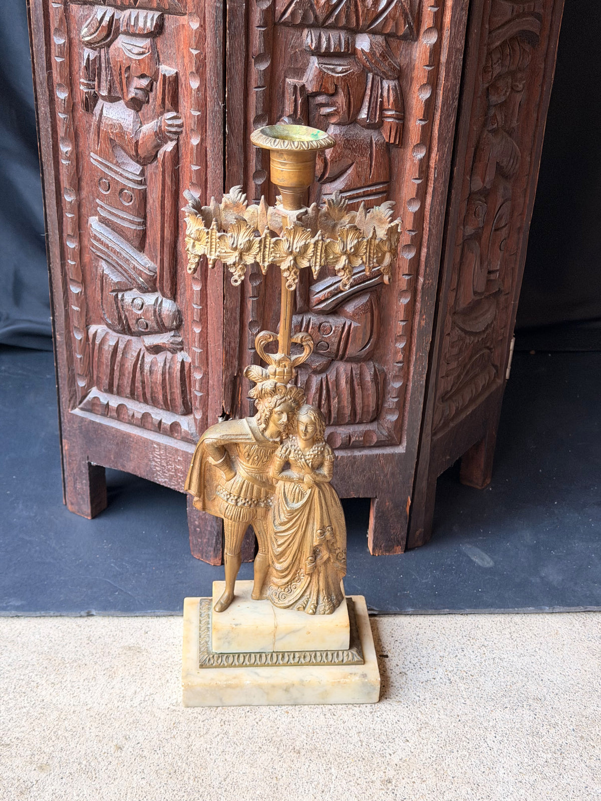 Antique Victorian Gilt Figural Girandole Candlestick Courting Couple Marble 15"