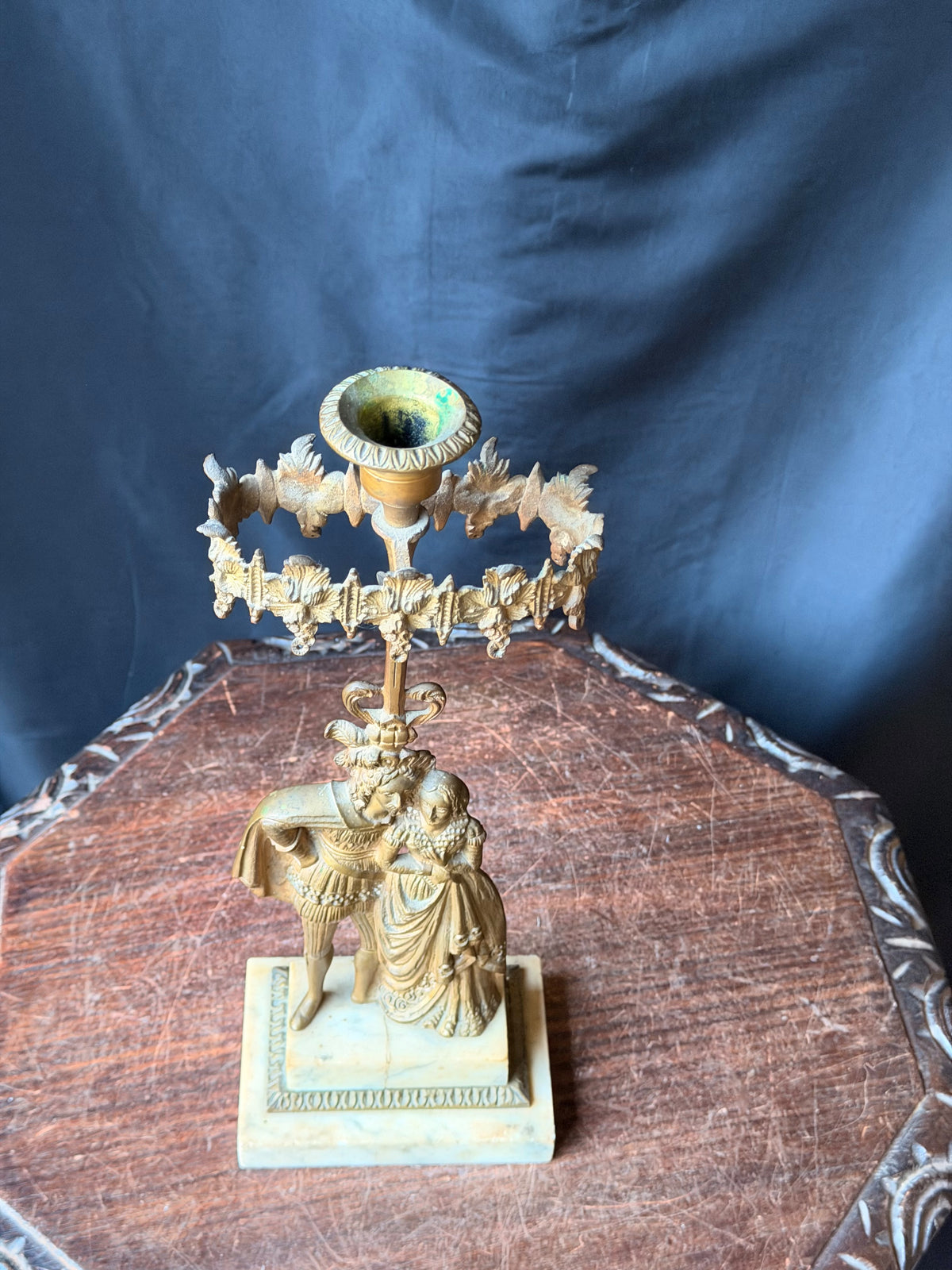 Antique Victorian Gilt Figural Girandole Candlestick Courting Couple Marble 15"
