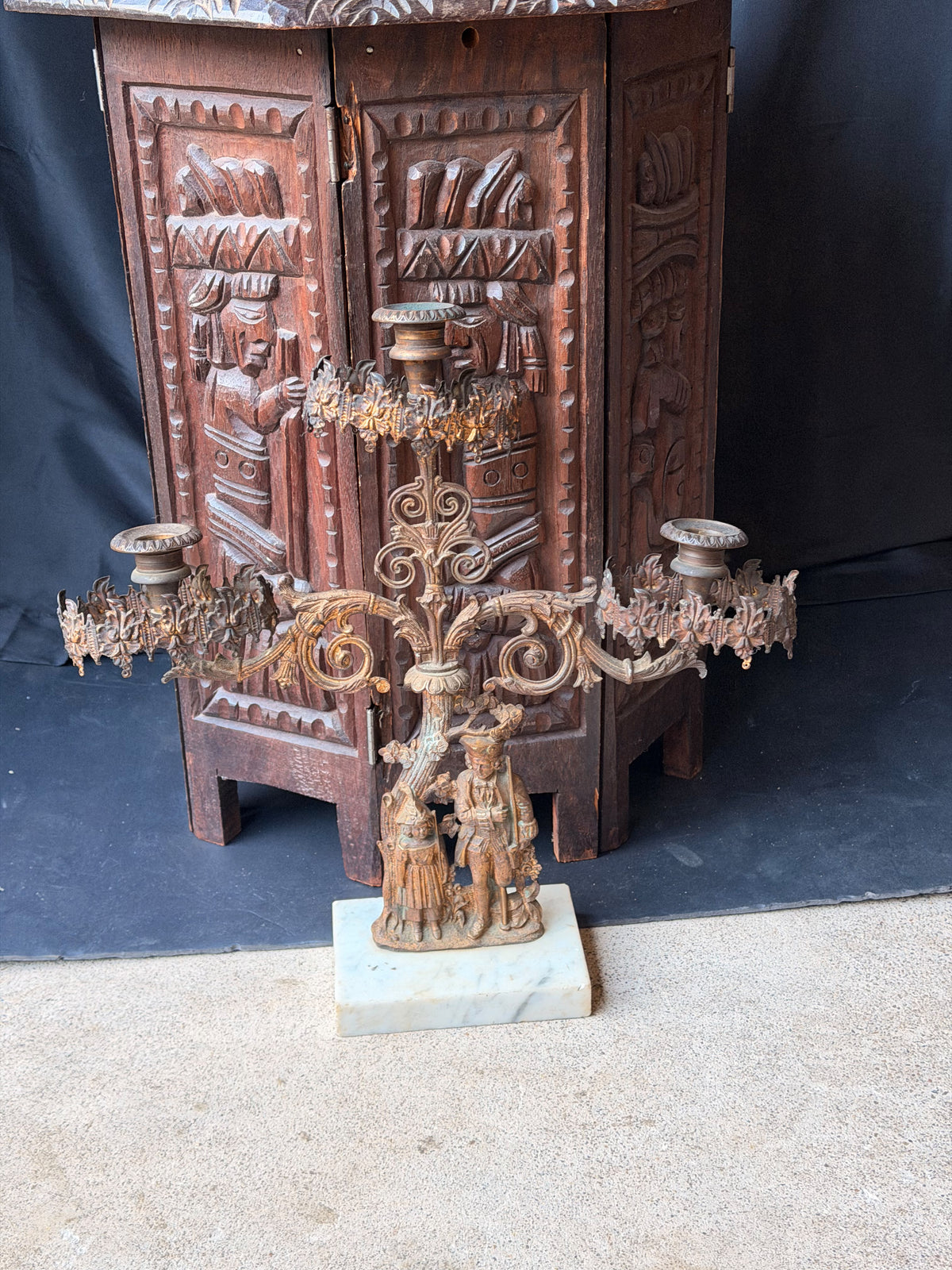 Antique Victorian Gilt Figural 3 Light Girandole Candelabra Marble Base 16.5"
