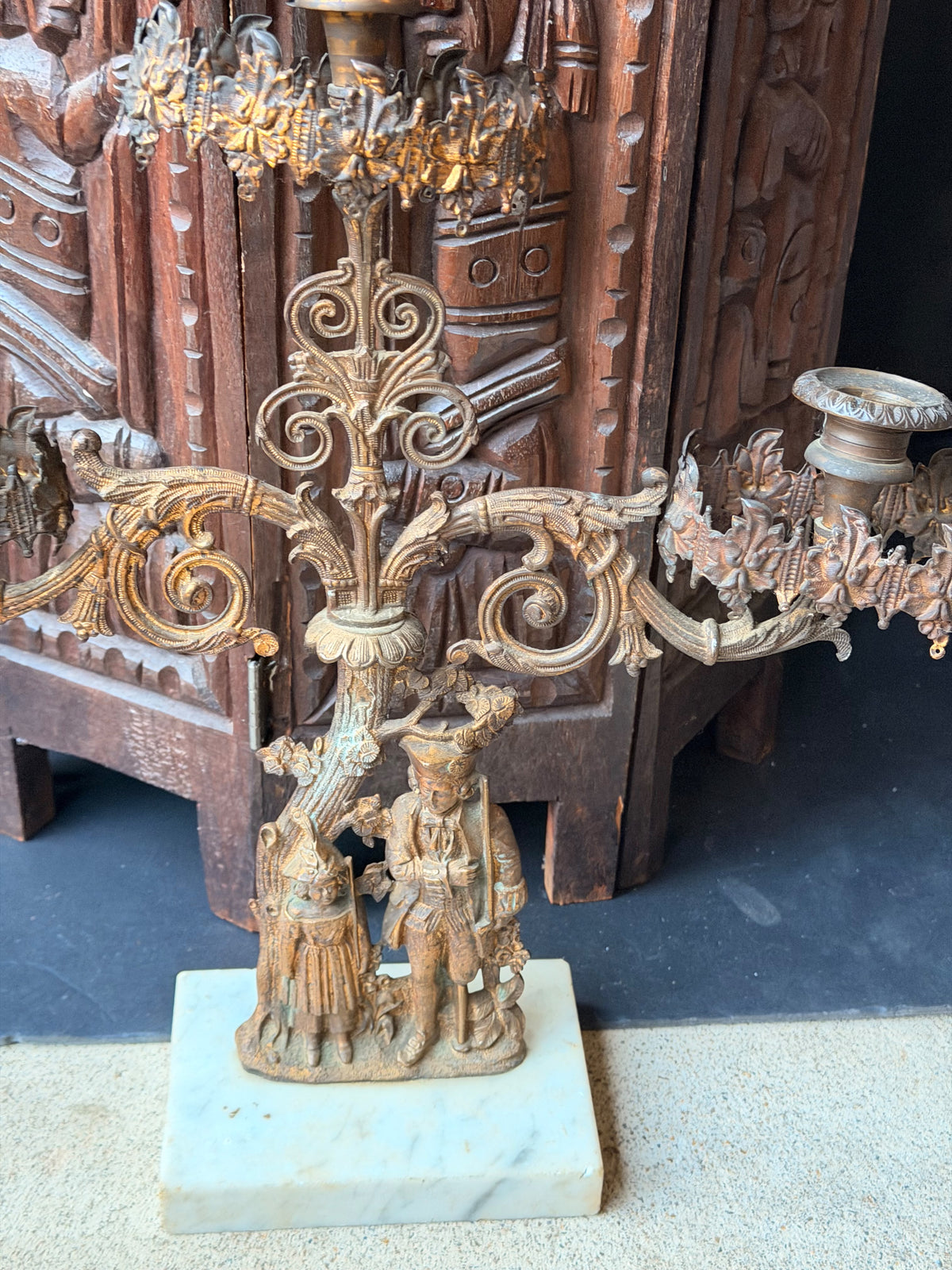 Antique Victorian Gilt Figural 3 Light Girandole Candelabra Marble Base 16.5"