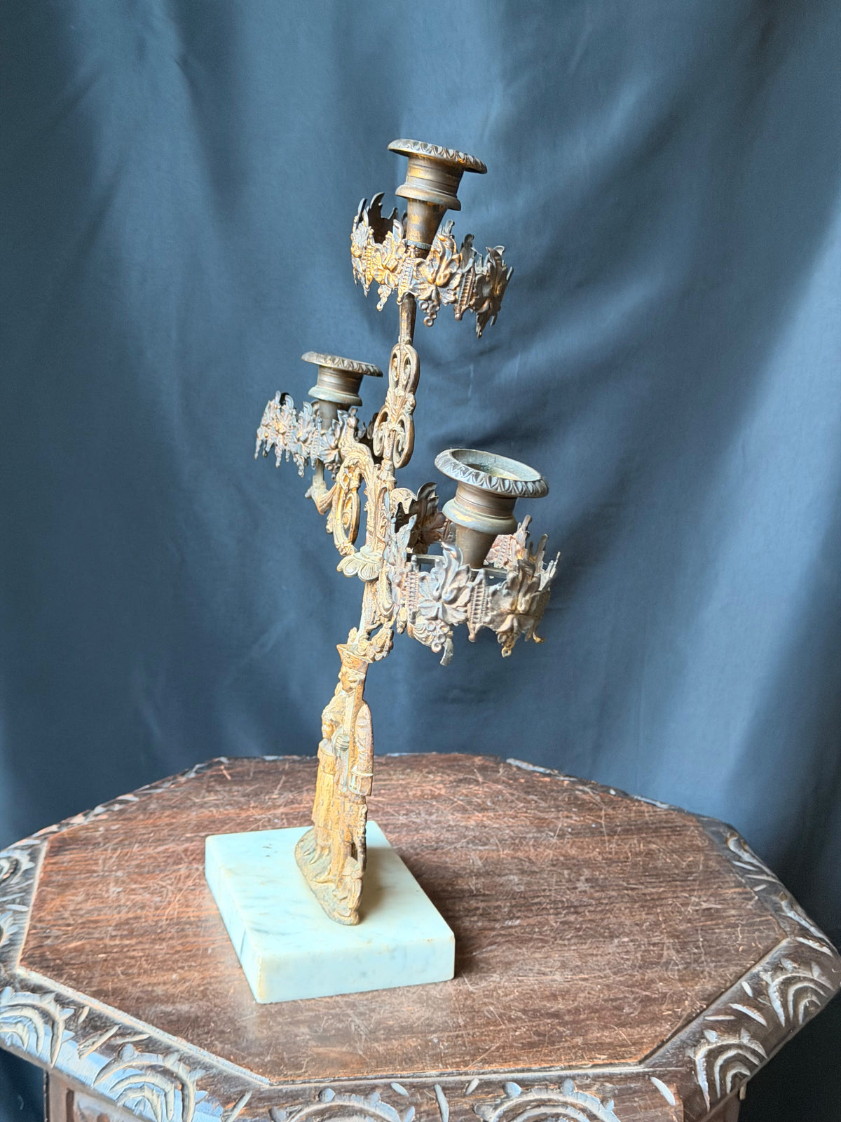 Antique Victorian Gilt Figural 3 Light Girandole Candelabra Marble Base 16.5"