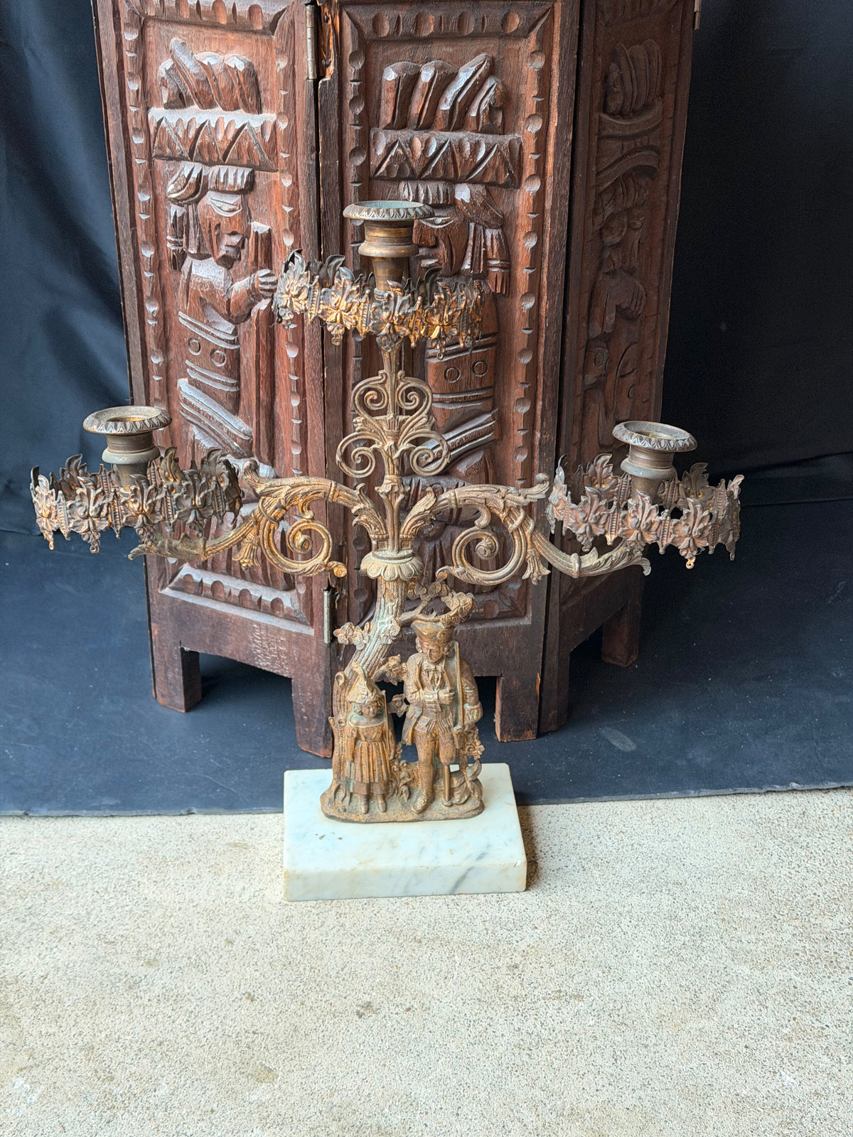 Antique Victorian Gilt Figural 3 Light Girandole Candelabra Marble Base 16.5"