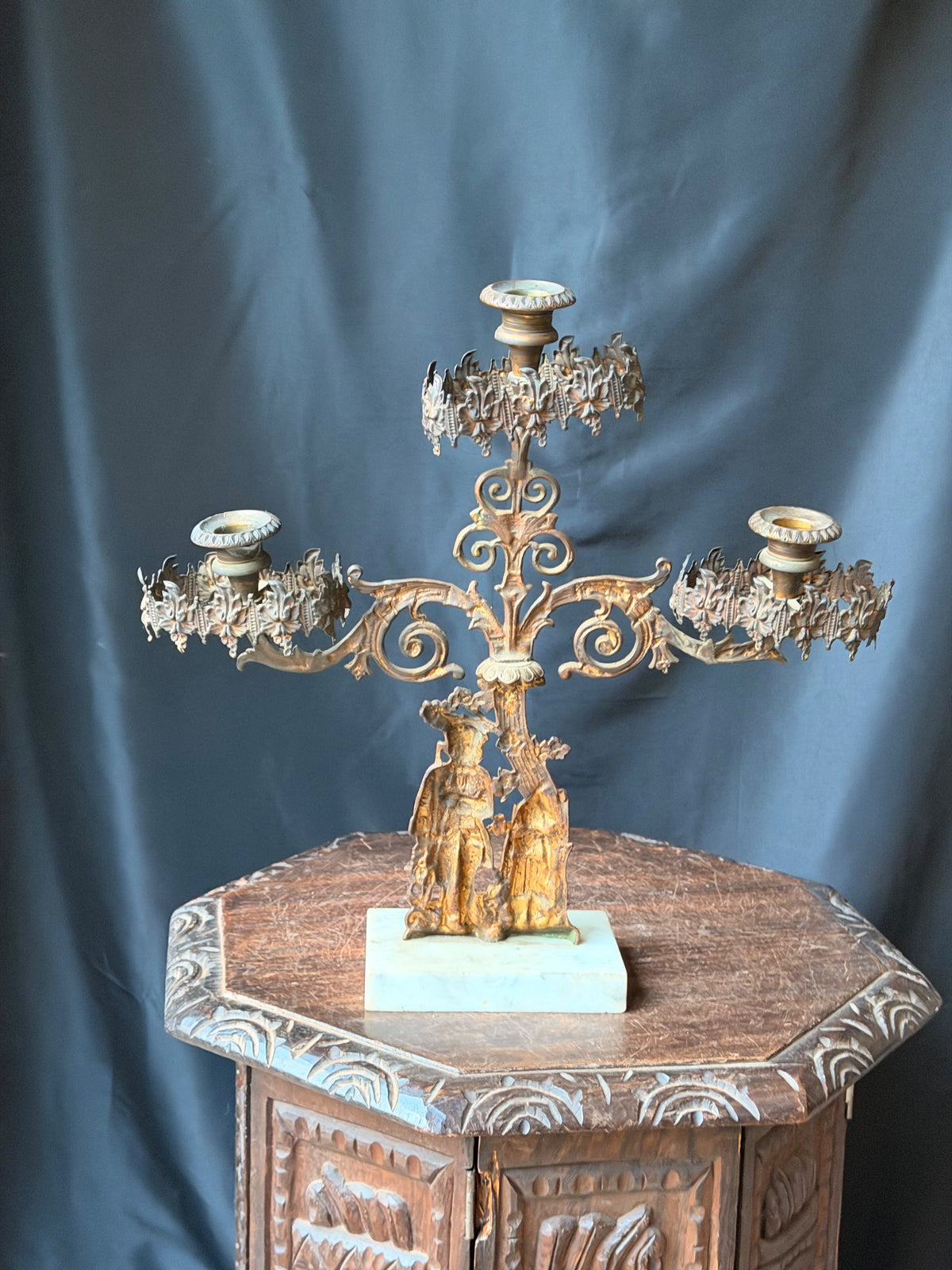 Antique Victorian Gilt Figural 3 Light Girandole Candelabra Marble Base 16.5"