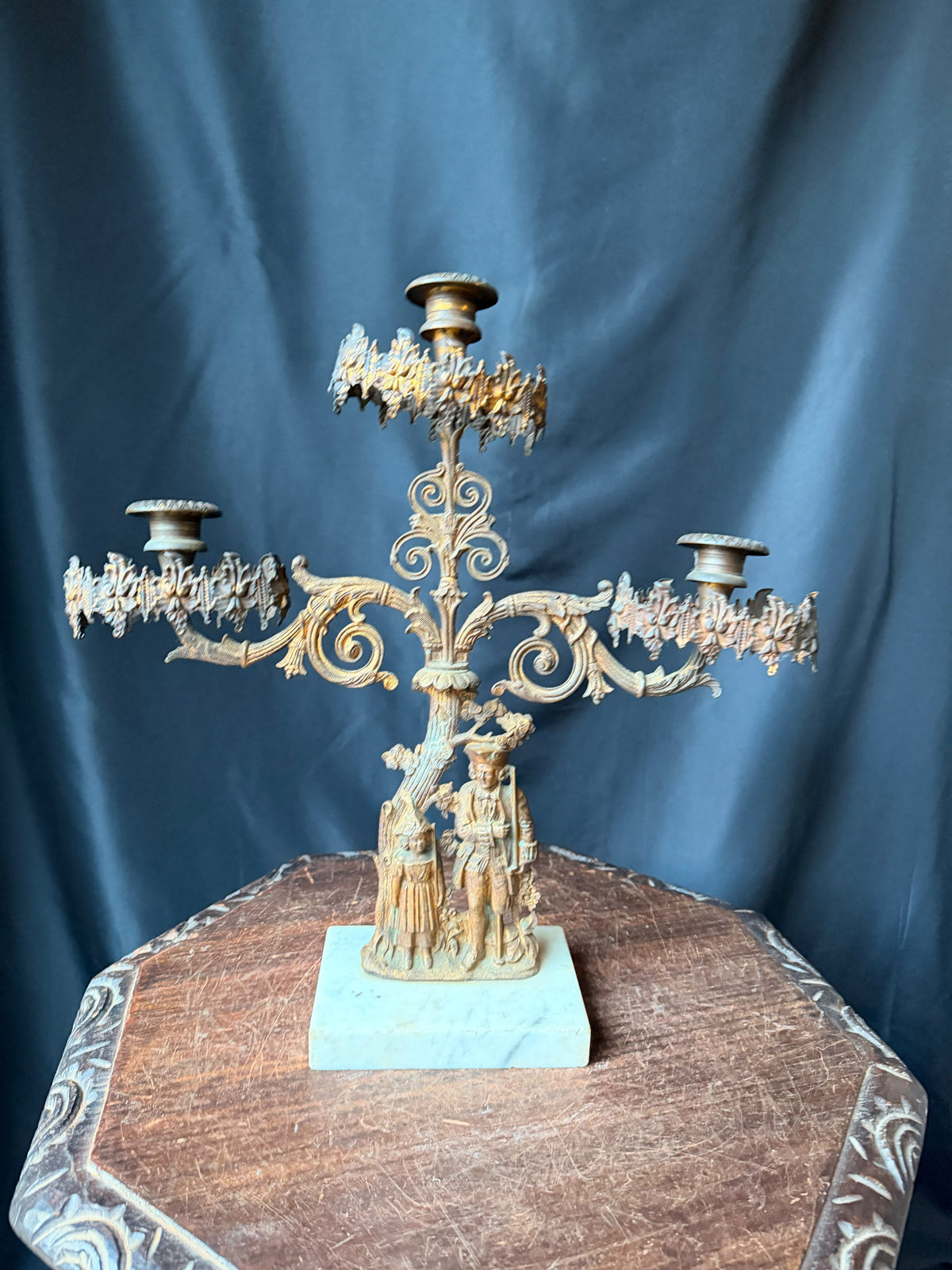Antique Victorian Gilt Figural 3 Light Girandole Candelabra Marble Base 16.5"