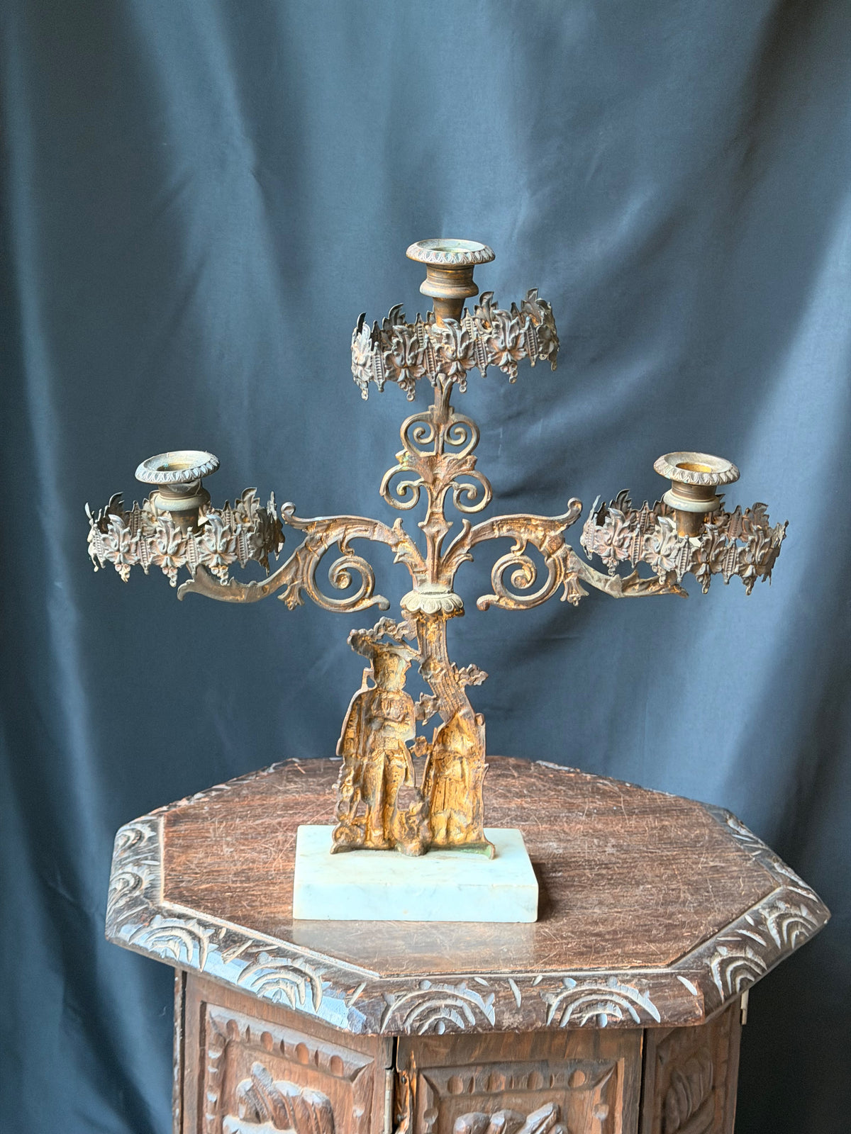 Antique Victorian Gilt Figural 3 Light Girandole Candelabra Marble Base 16.5"