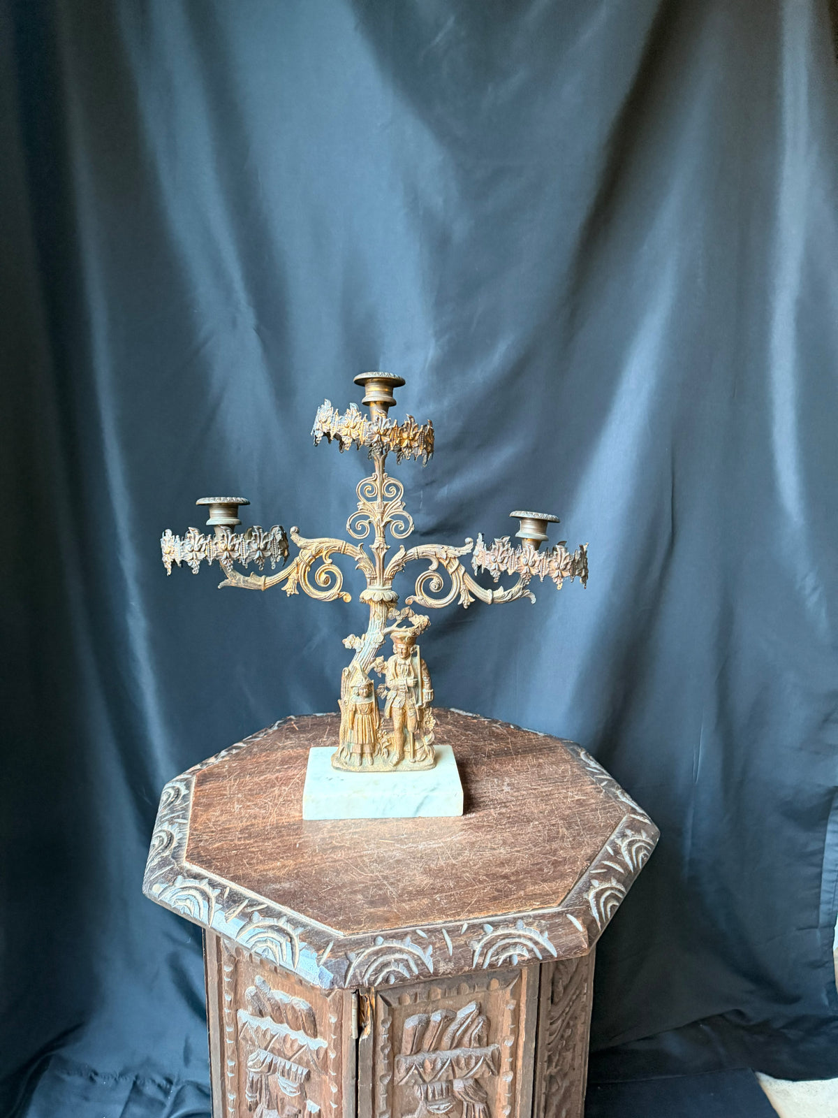 Antique Victorian Gilt Figural 3 Light Girandole Candelabra Marble Base 16.5"