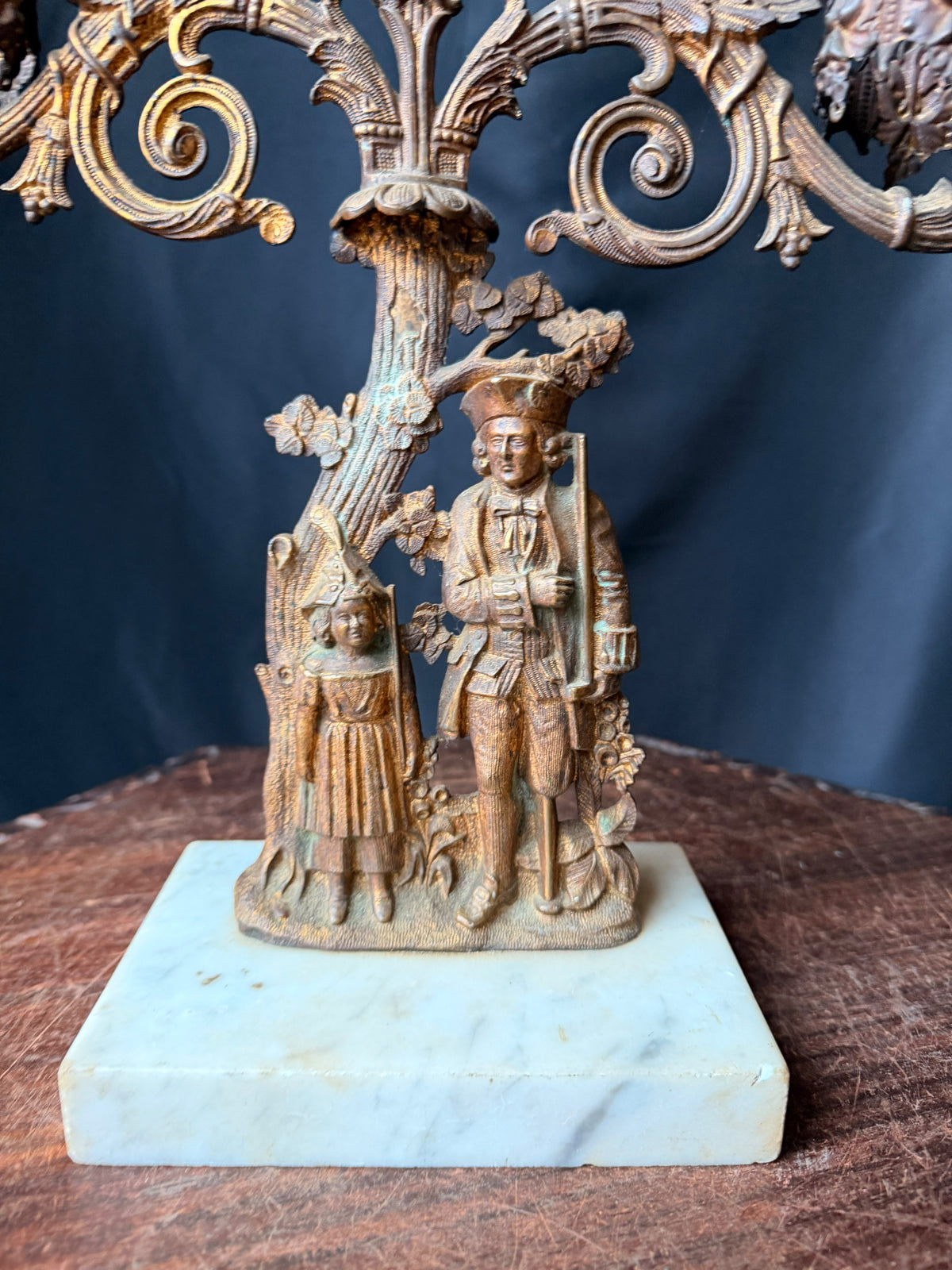 Antique Victorian Gilt Figural 3 Light Girandole Candelabra Marble Base 16.5"
