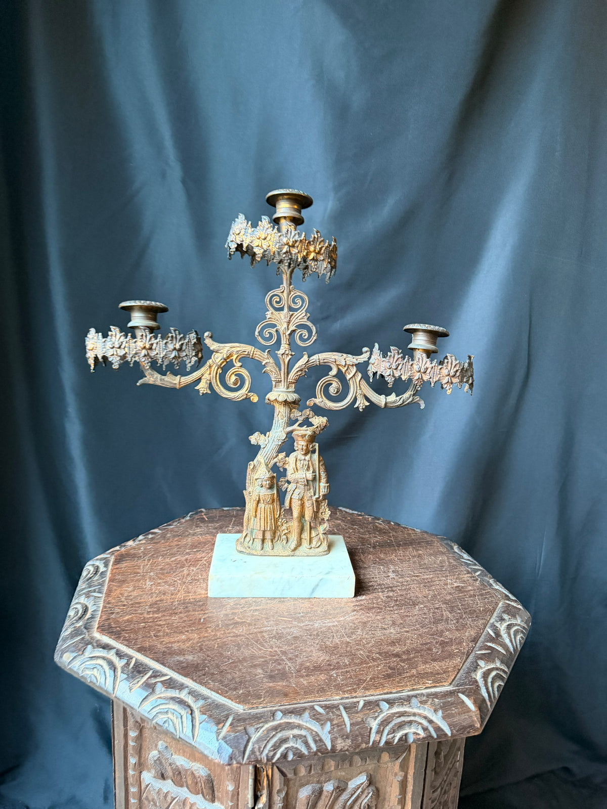 Antique Victorian Gilt Figural 3 Light Girandole Candelabra Marble Base 16.5"