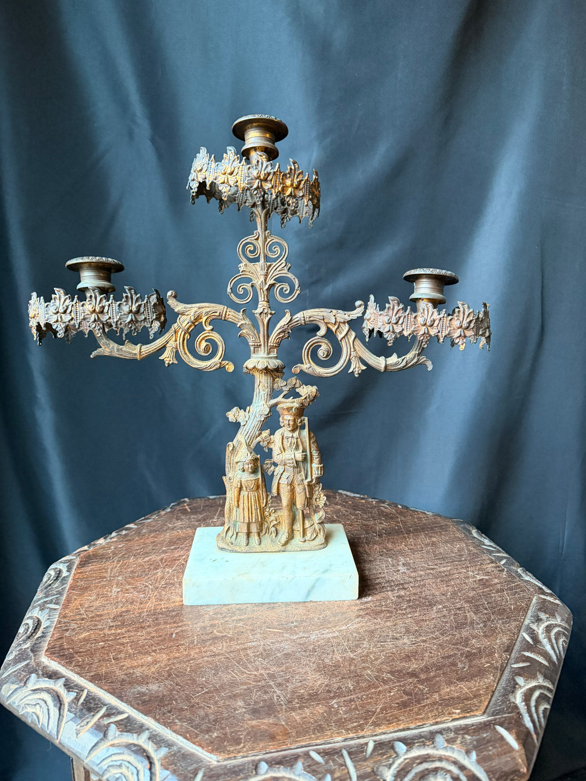 Antique Victorian Gilt Figural 3 Light Girandole Candelabra Marble Base 16.5"