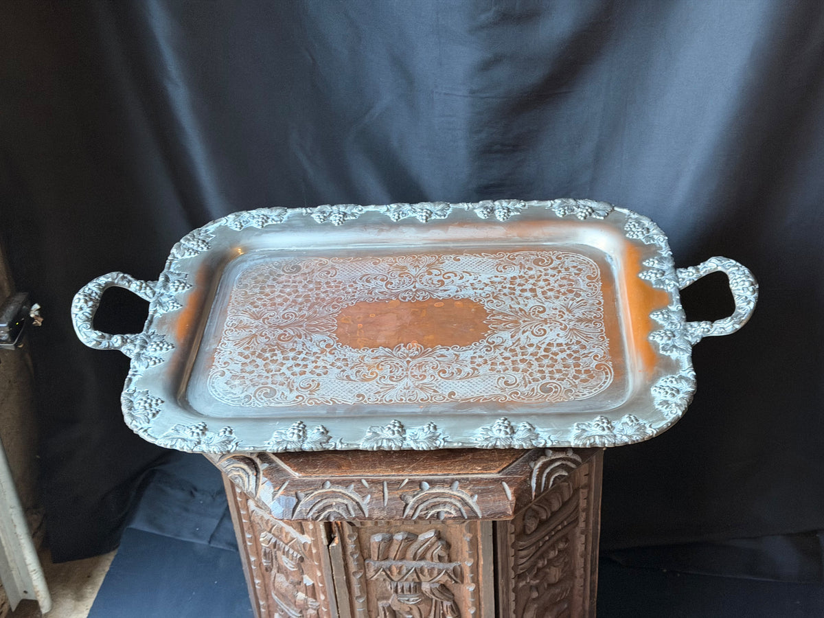 Vintage Crescent Silver on Copper Butler Serving Tray Grapevine Handles 26"