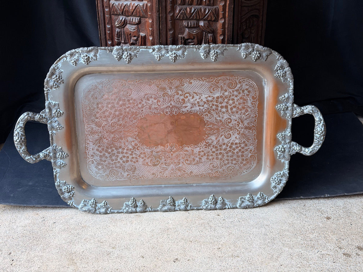 Vintage Crescent Silver on Copper Butler Serving Tray Grapevine Handles 26"