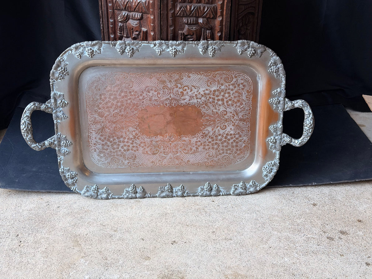 Vintage Crescent Silver on Copper Butler Serving Tray Grapevine Handles 26"