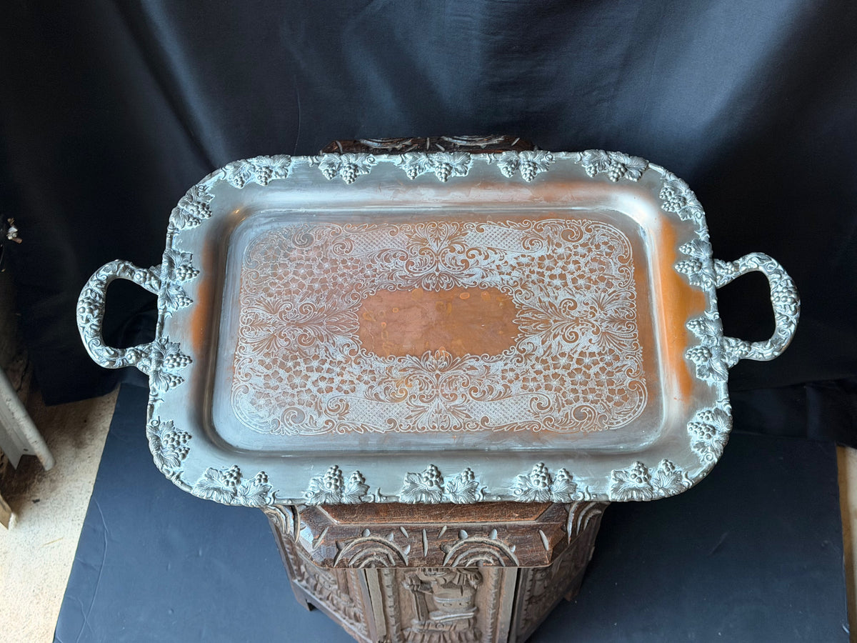 Vintage Crescent Silver on Copper Butler Serving Tray Grapevine Handles 26"