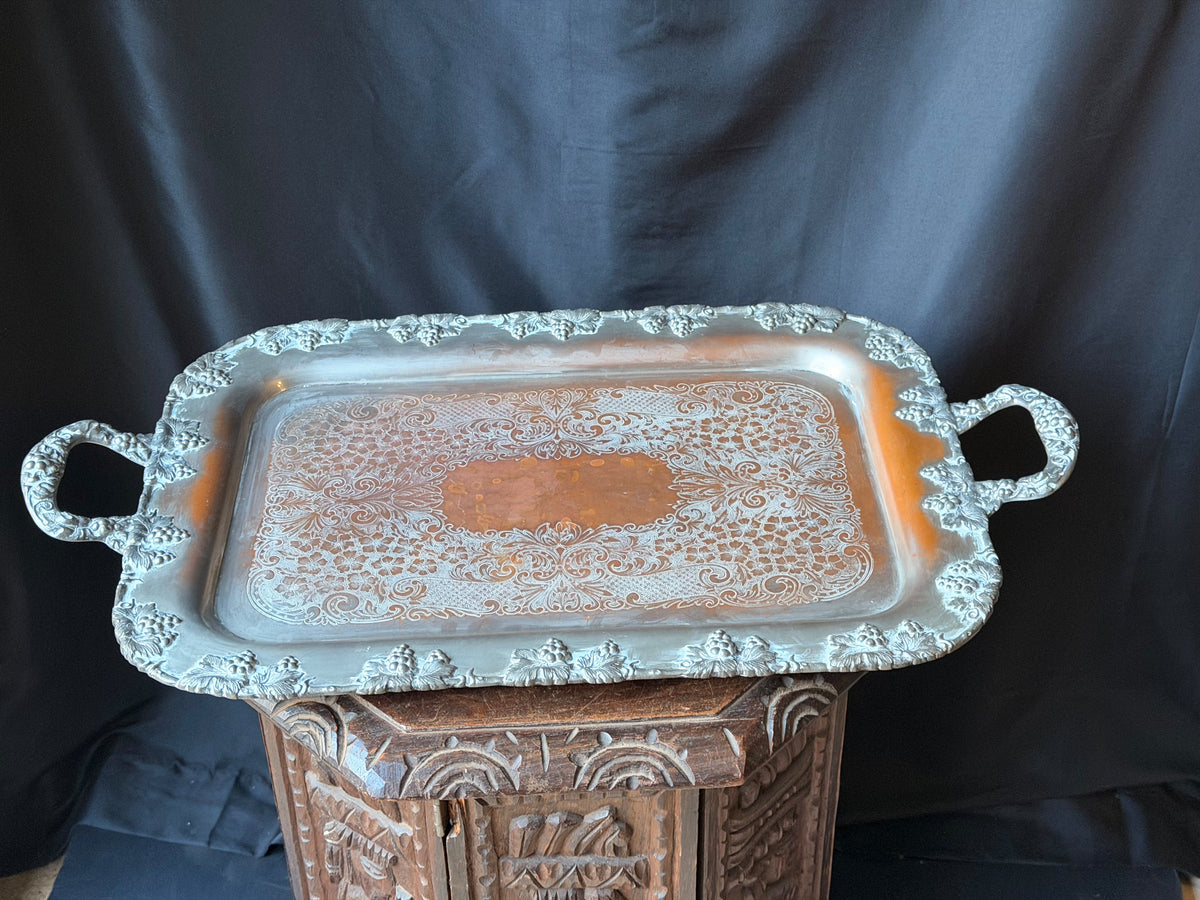 Vintage Crescent Silver on Copper Butler Serving Tray Grapevine Handles 26"