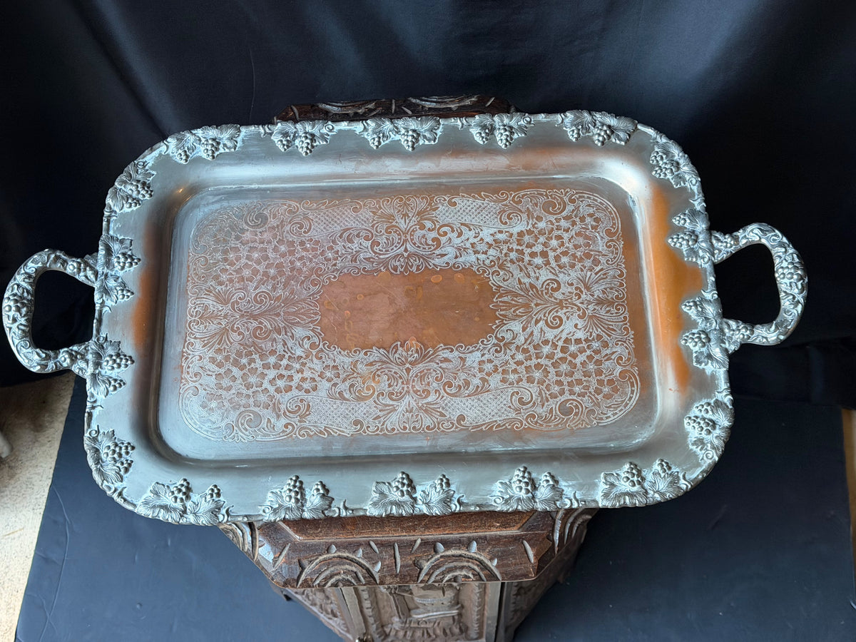 Vintage Crescent Silver on Copper Butler Serving Tray Grapevine Handles 26"