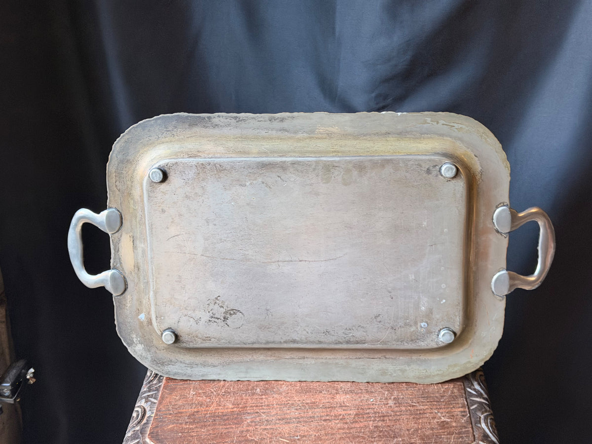 Vintage Crescent Silver on Copper Butler Serving Tray Grapevine Handles 26"