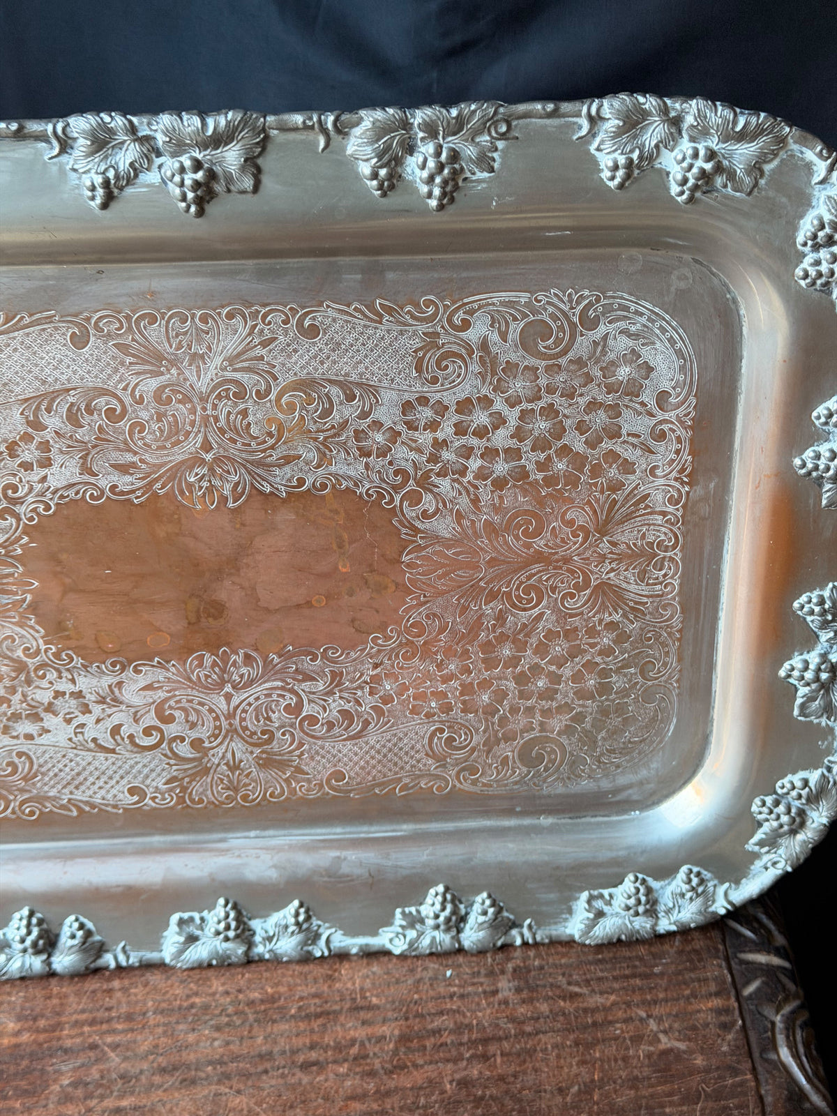 Vintage Crescent Silver on Copper Butler Serving Tray Grapevine Handles 26"
